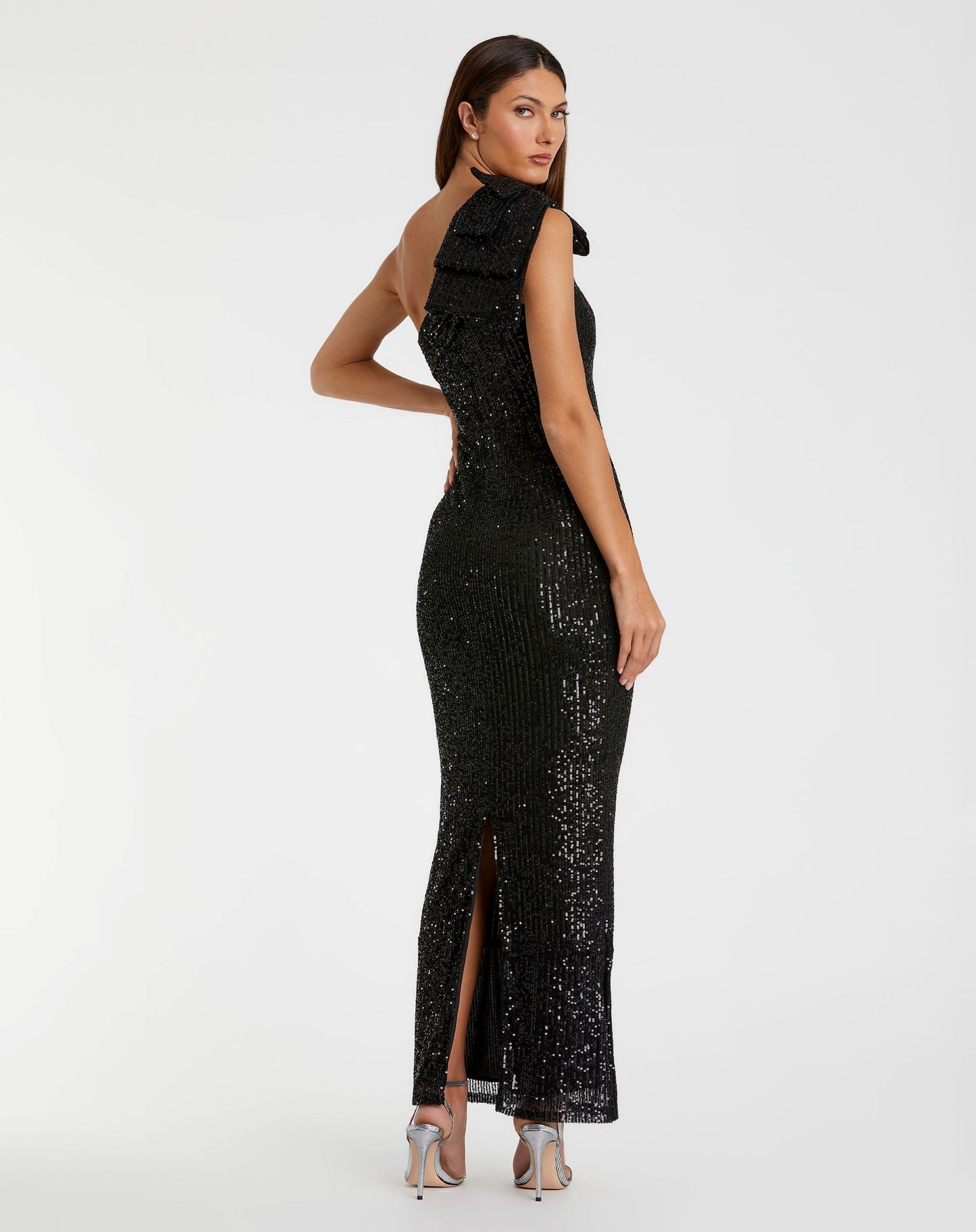 Sequined Bow One Shoulder Column Gown