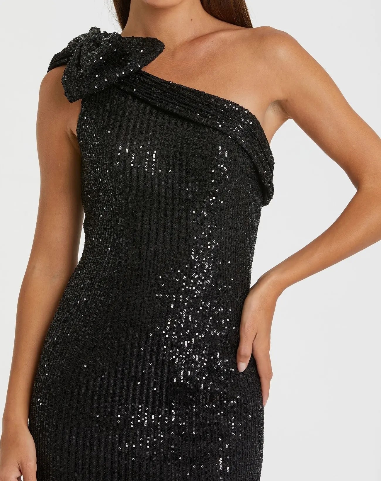 Black Sequined Bow One Shoulder Column Gown - Ieena for Mac Duggal