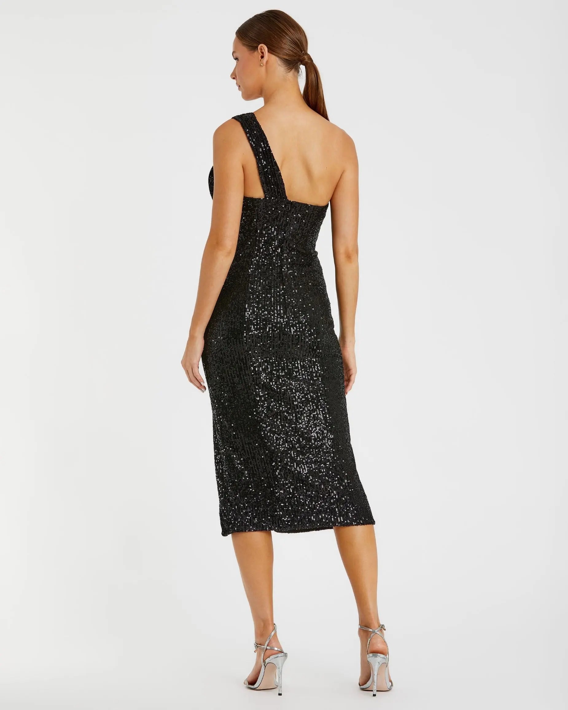 Black Sequined One Shoulder Front Bow Dress - Ieena for Mac Duggal