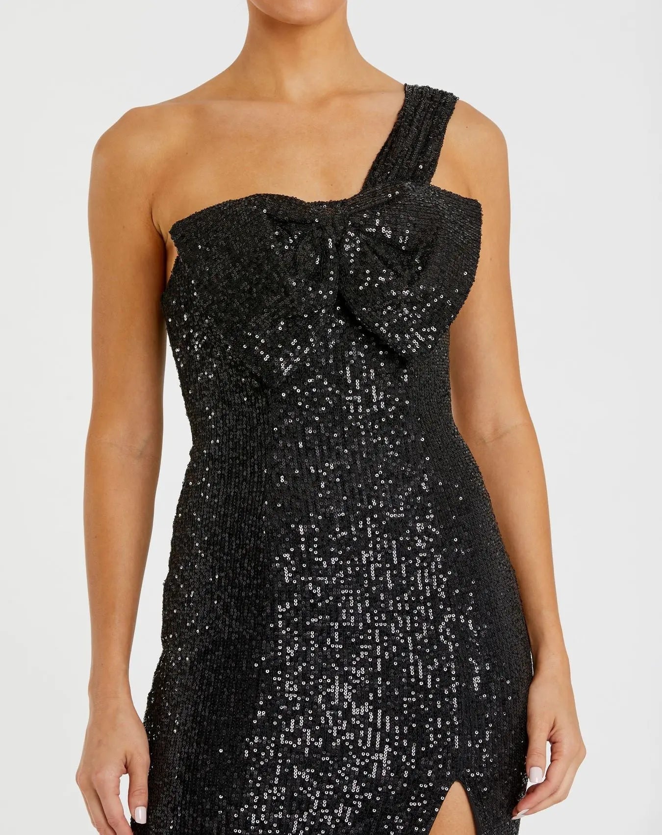 Black Sequined One Shoulder Front Bow Dress - Ieena for Mac Duggal