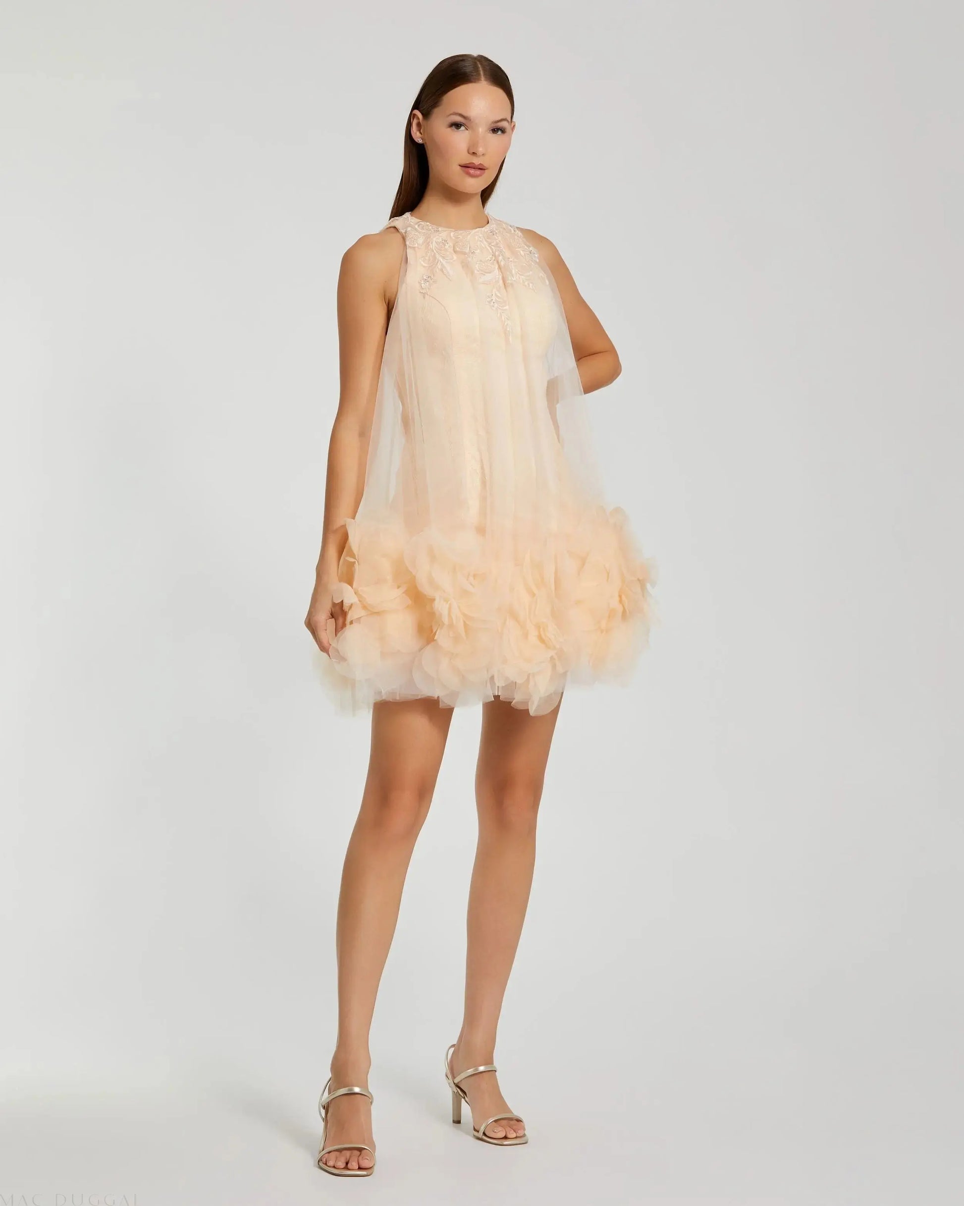 Pink Halter Neck Flowy Petal A Line Mini Dress - Mac Duggal Pink Halter Neck Flowy Petal A Line Mini Dress - Mac Duggal