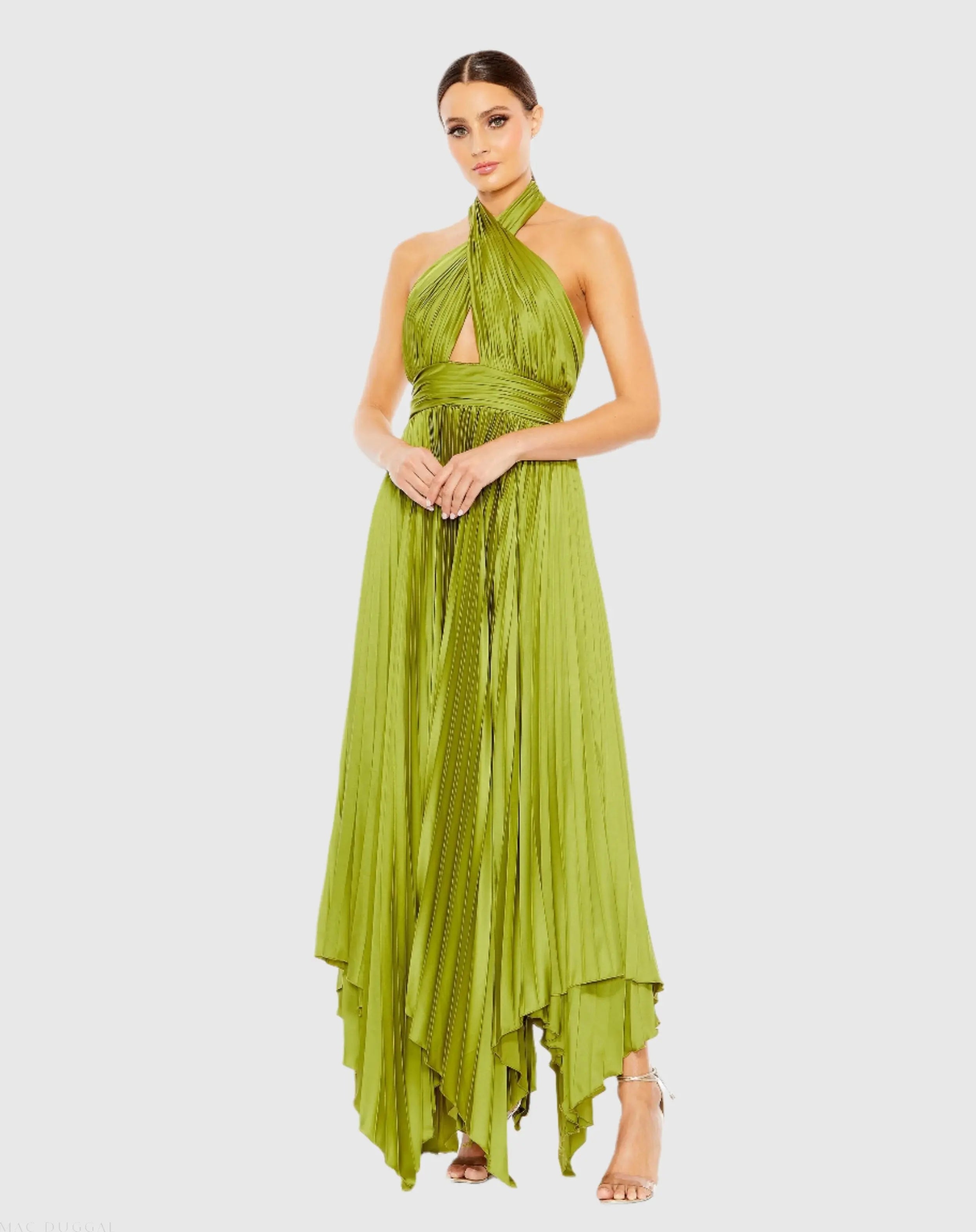 Green Pleated Halter Neck Asymmetrical Hem Gown - Mac Duggal