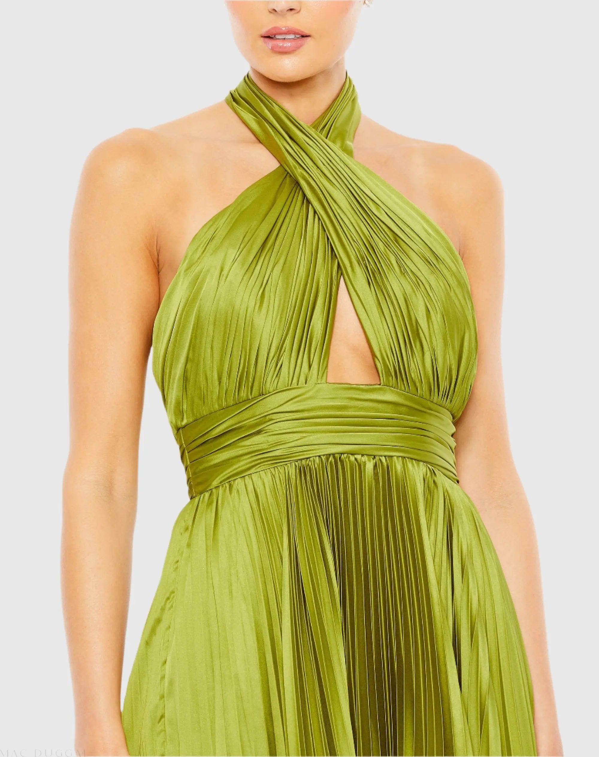 Green Pleated Halter Neck Asymmetrical Hem Gown - Mac Duggal