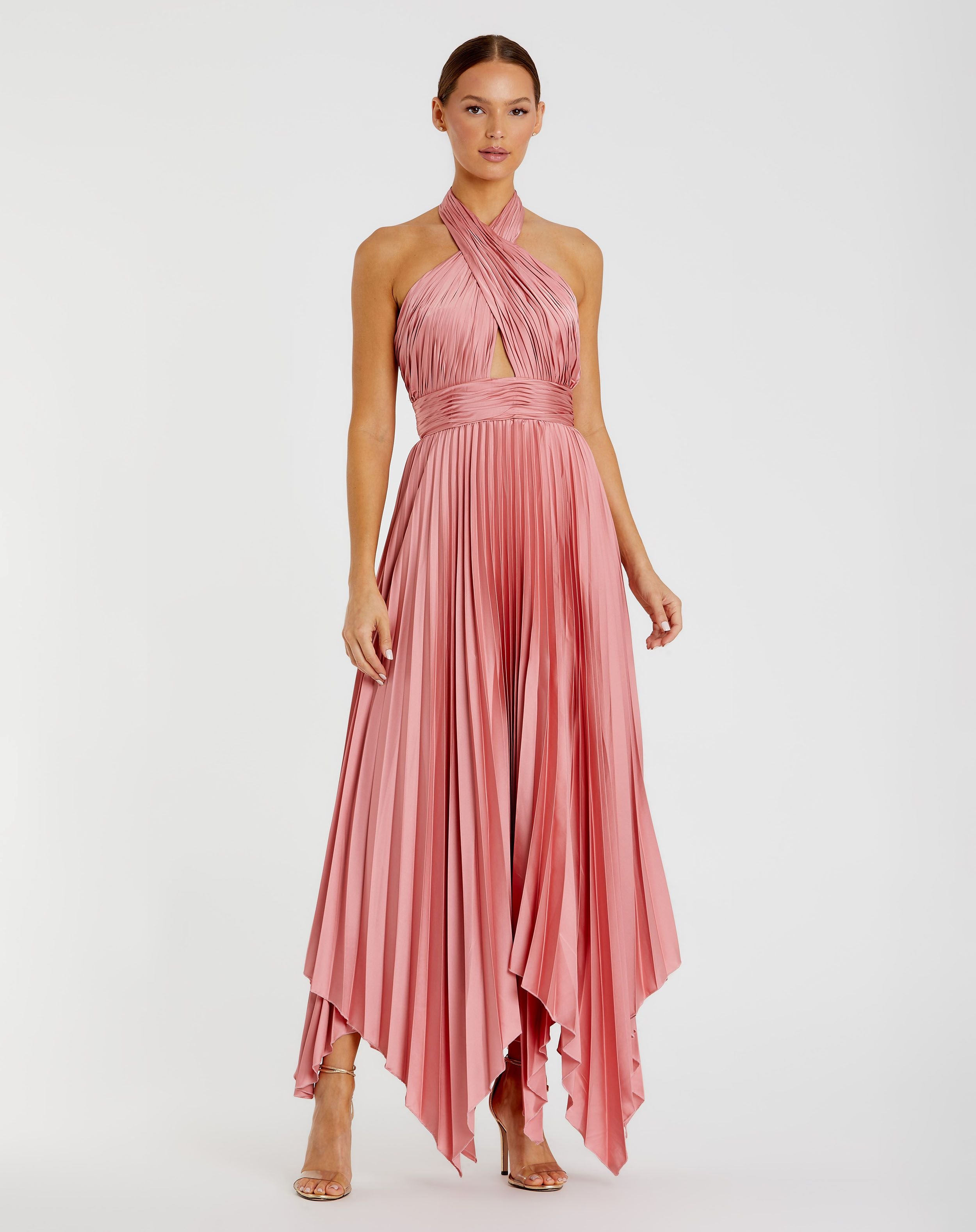 Pleated Halter Neck Asymmetrical Hem Gown