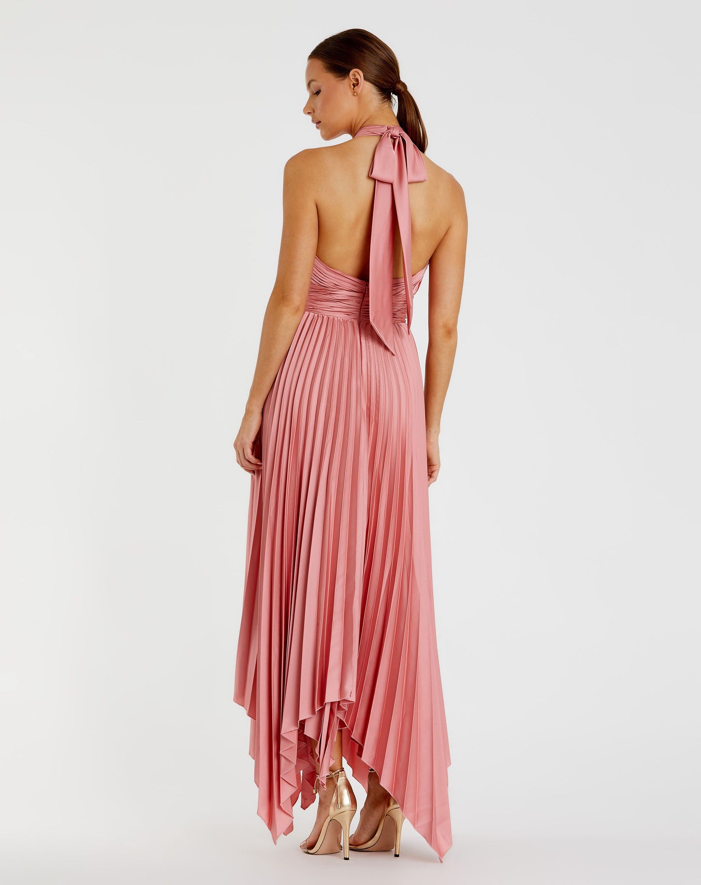 Pleated Halter Neck Asymmetrical Hem Gown