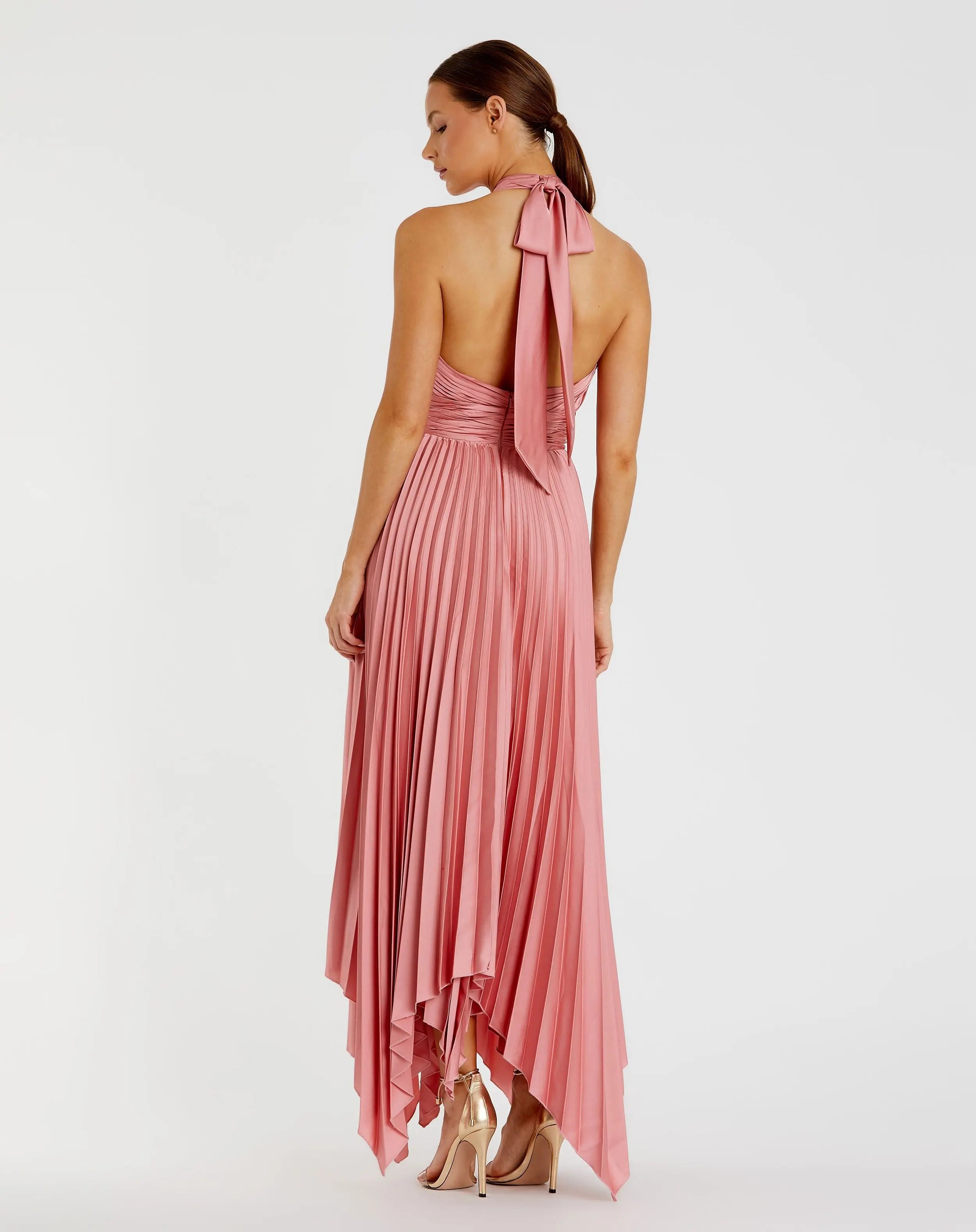 Pleated Halter Neck Asymmetrical Hem Gown - Mac Duggal
