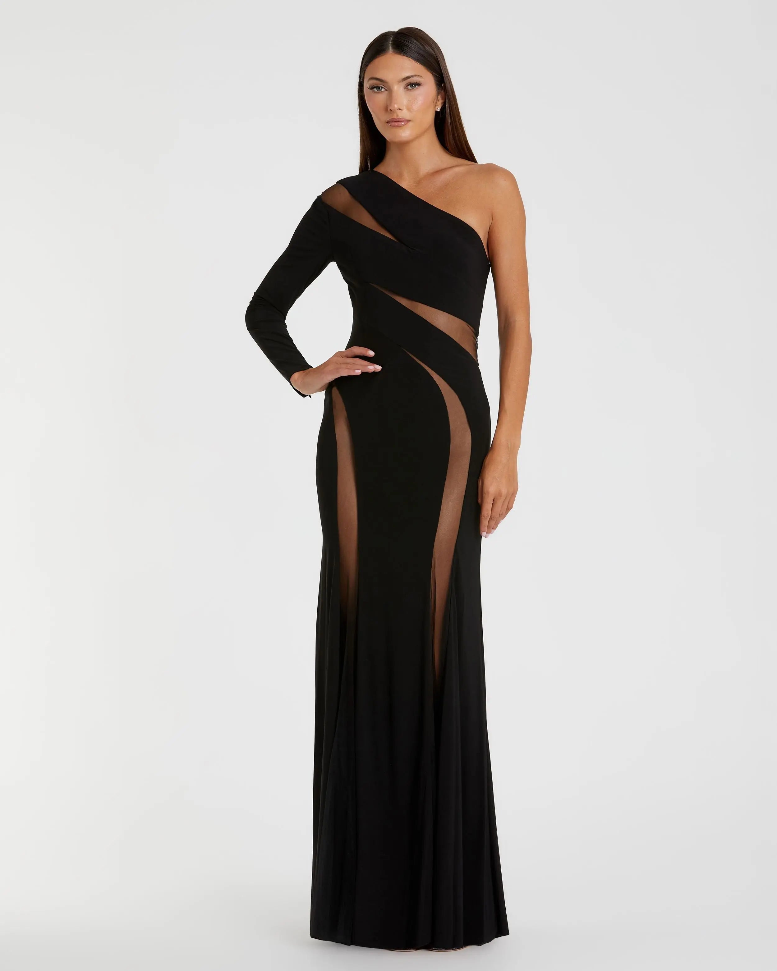 Black Jersey One Shoulder Illusion Cut Out Gown - Ieena for Mac Duggal