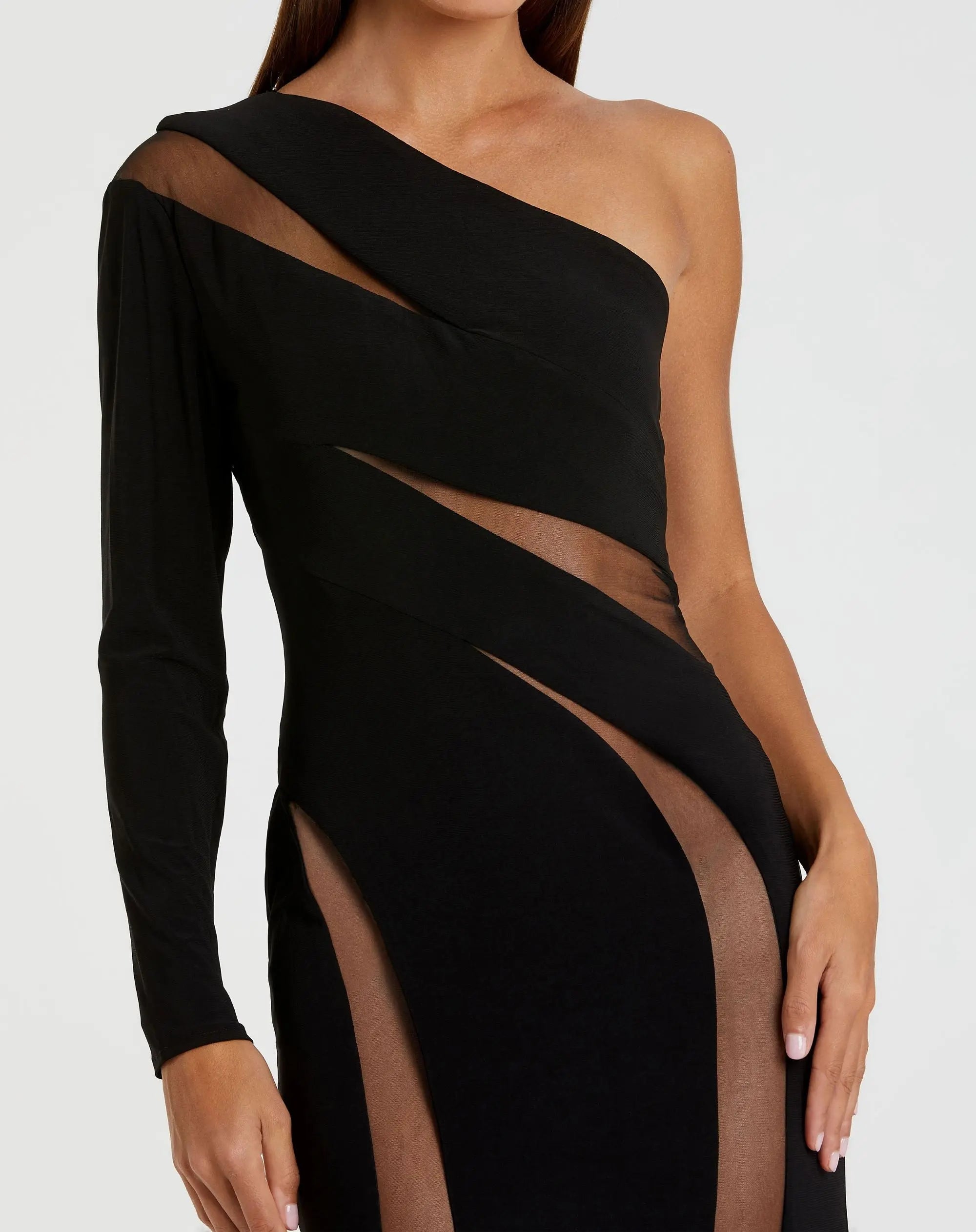 black one shoulder dress long sleeve Black Jersey One Shoulder Illusion Cut Out Gown