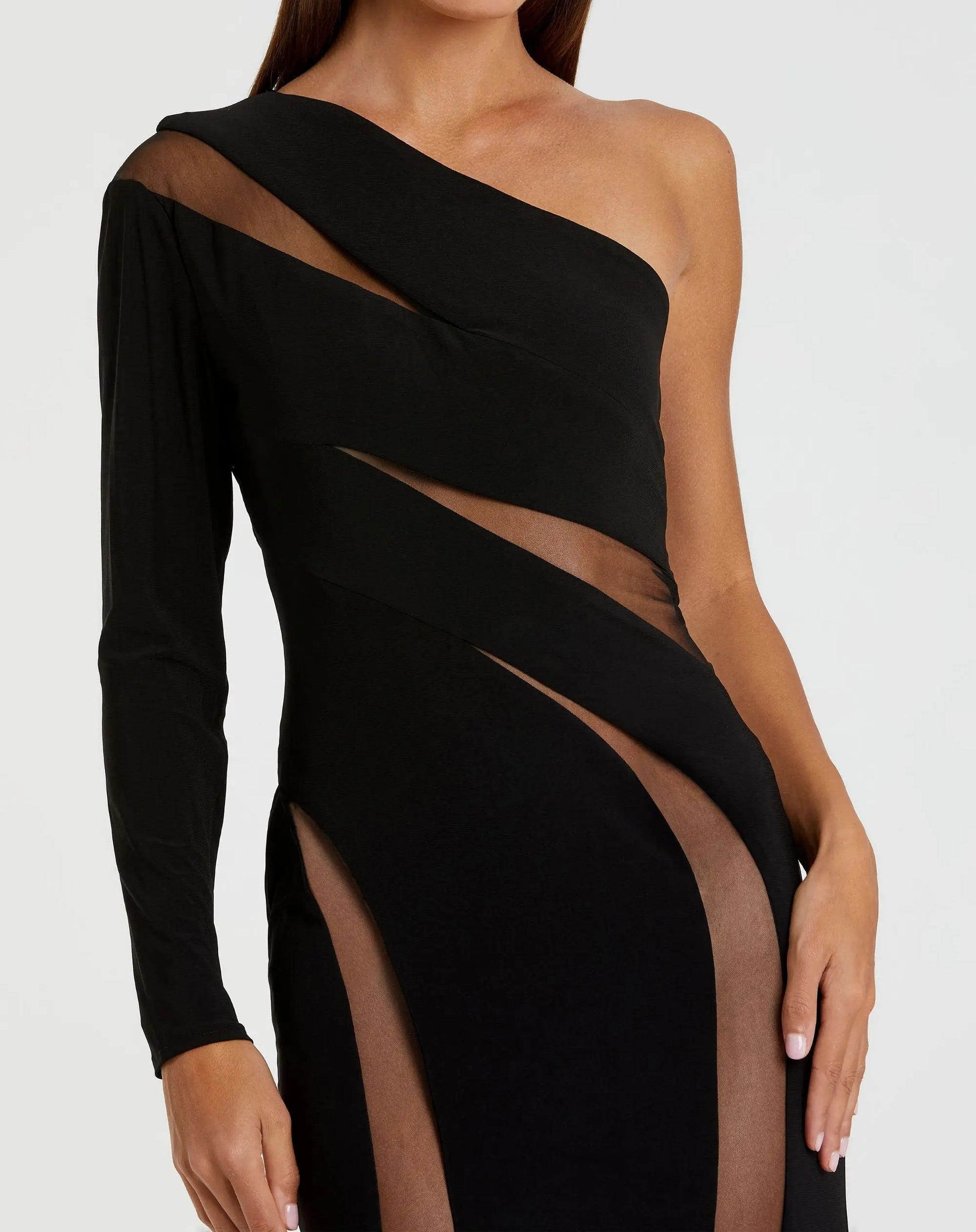 Black Jersey One Shoulder Illusion Cut Out Gown - Mac Duggal Black Jersey One Shoulder Illusion Cut Out Gown - Mac Duggal