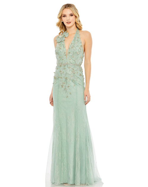 Lace Embellished Halter Strap Trumpet Gown | Sample | Sz. 2