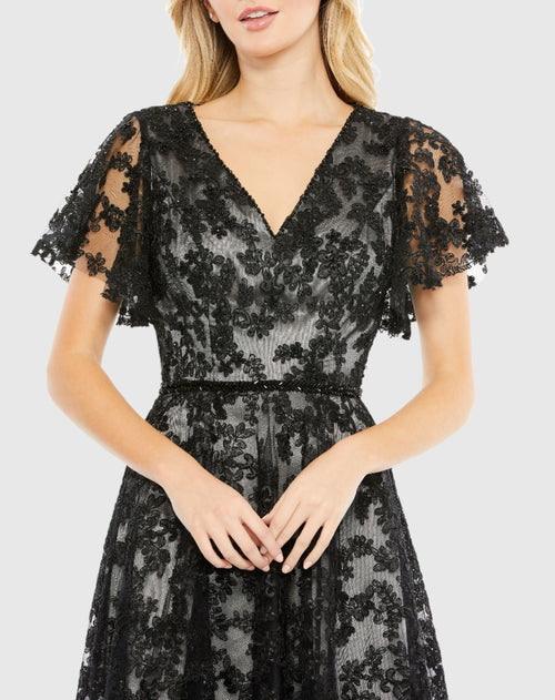 Embroidered Flutter Sleeve A Line Dress