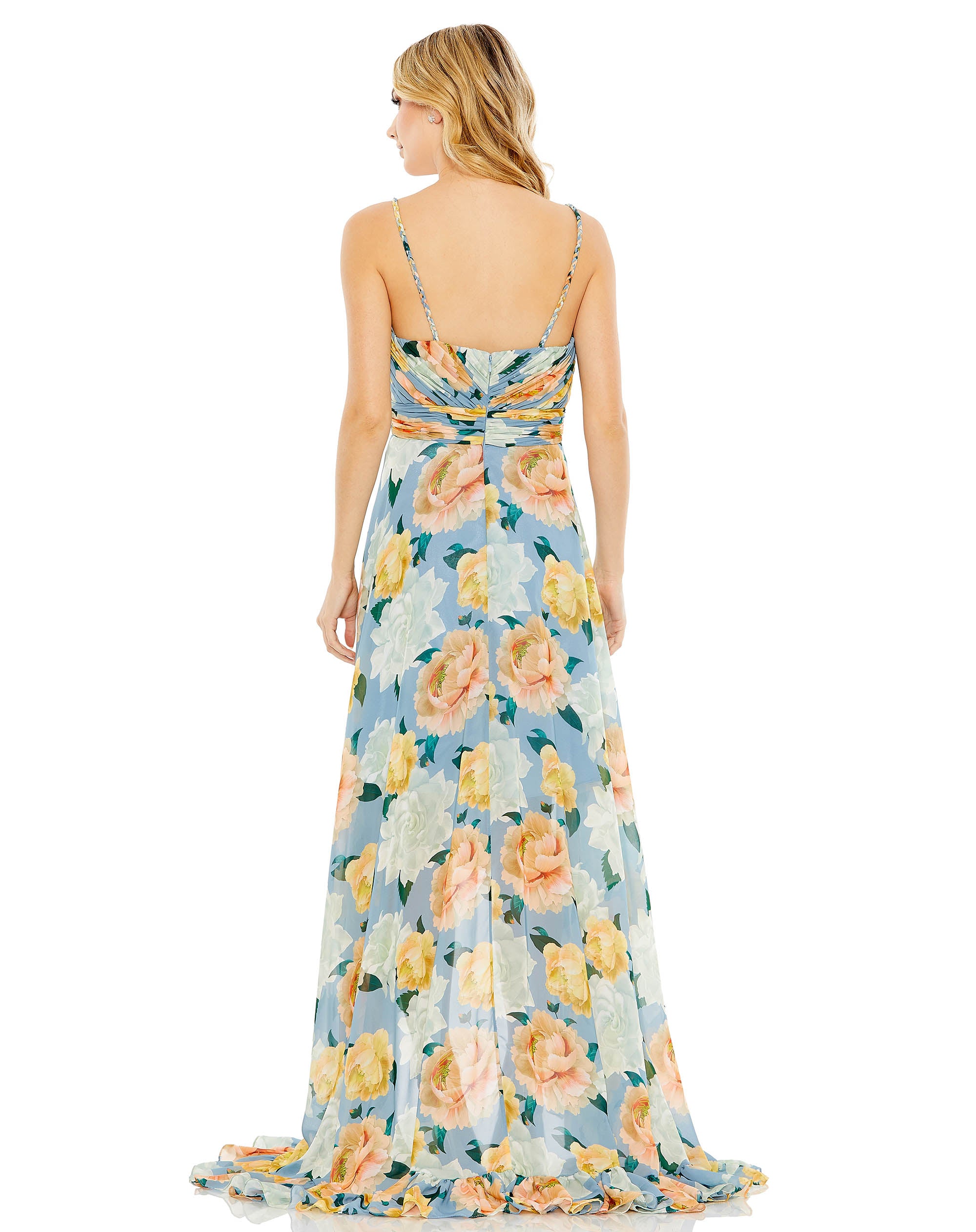 Floral Print Ruched Hi-Lo Braided Strap Gown | Sample | Sz. 2