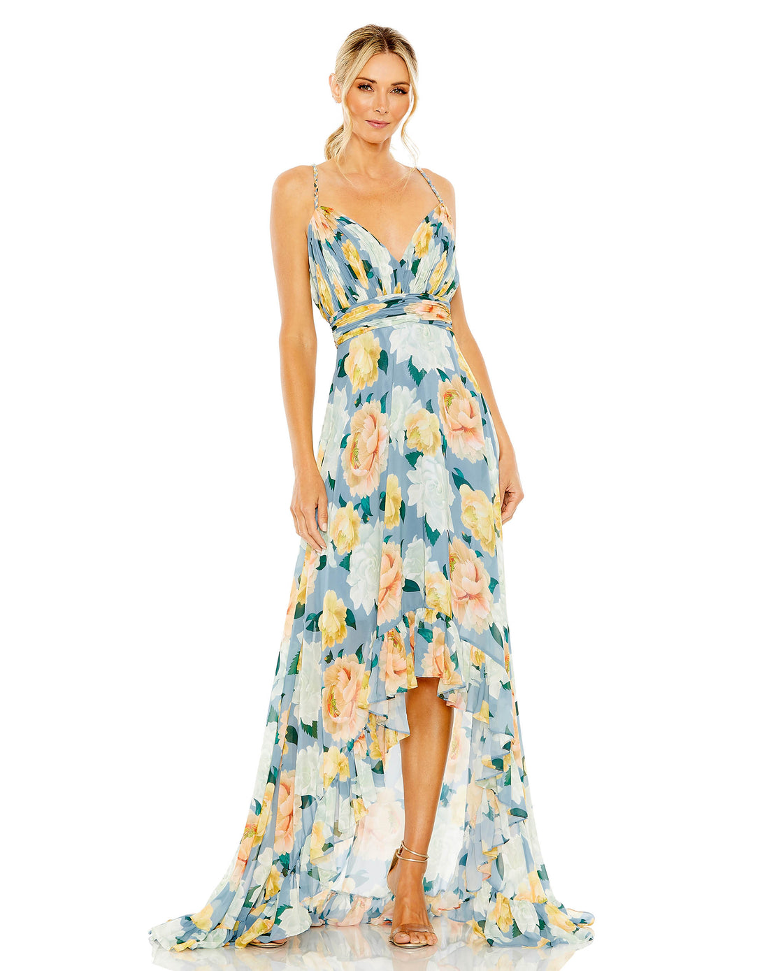 Floral Print Ruched Hi-Lo Braided Strap Gown | Sample | Sz. 2