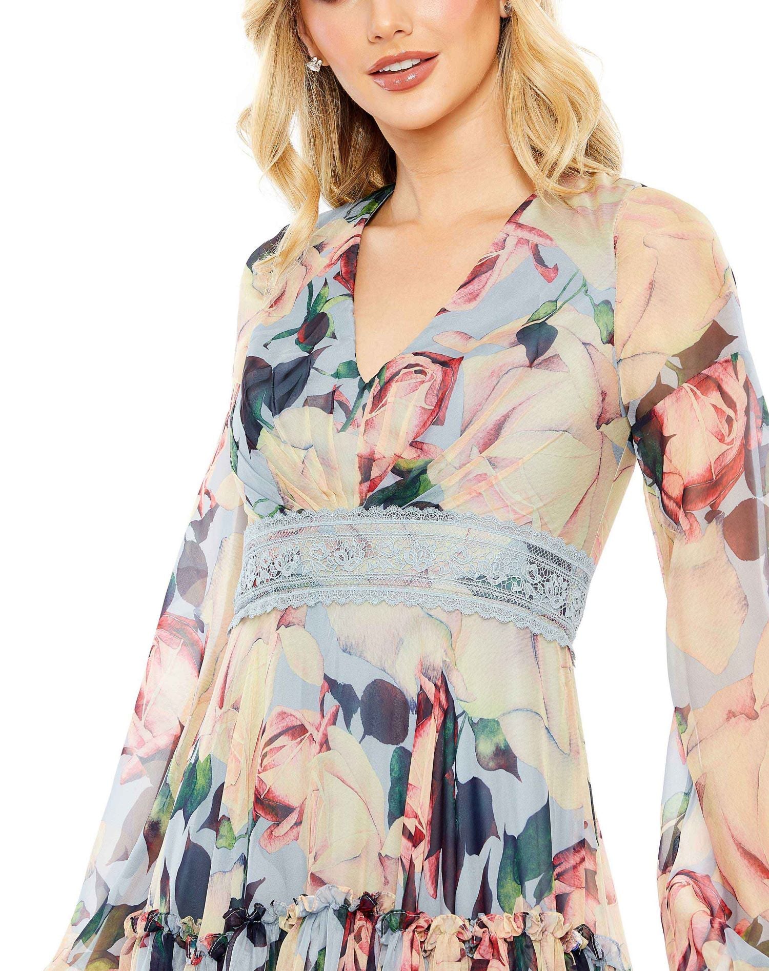 Floral Puff Sleeve Dress With Embroidered Waist
