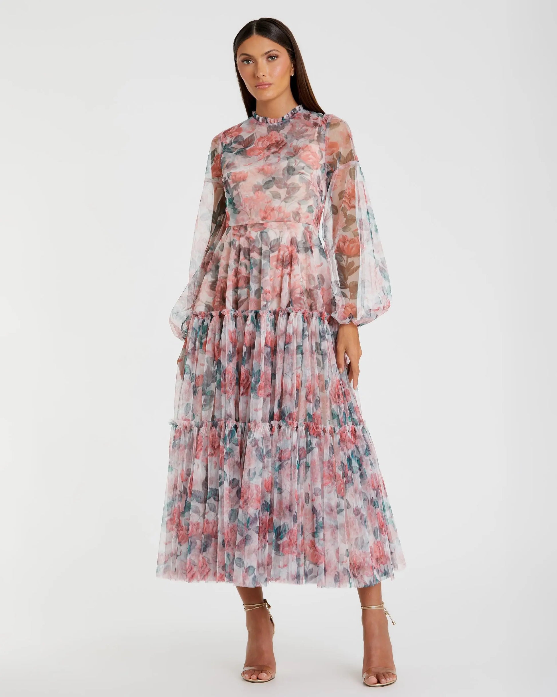 Mac Duggal Floral Chiffon Balloon-Sleeve Midi-Dress - White Multi Mac Duggal Floral Chiffon Balloon-Sleeve Midi-Dress - White Multi