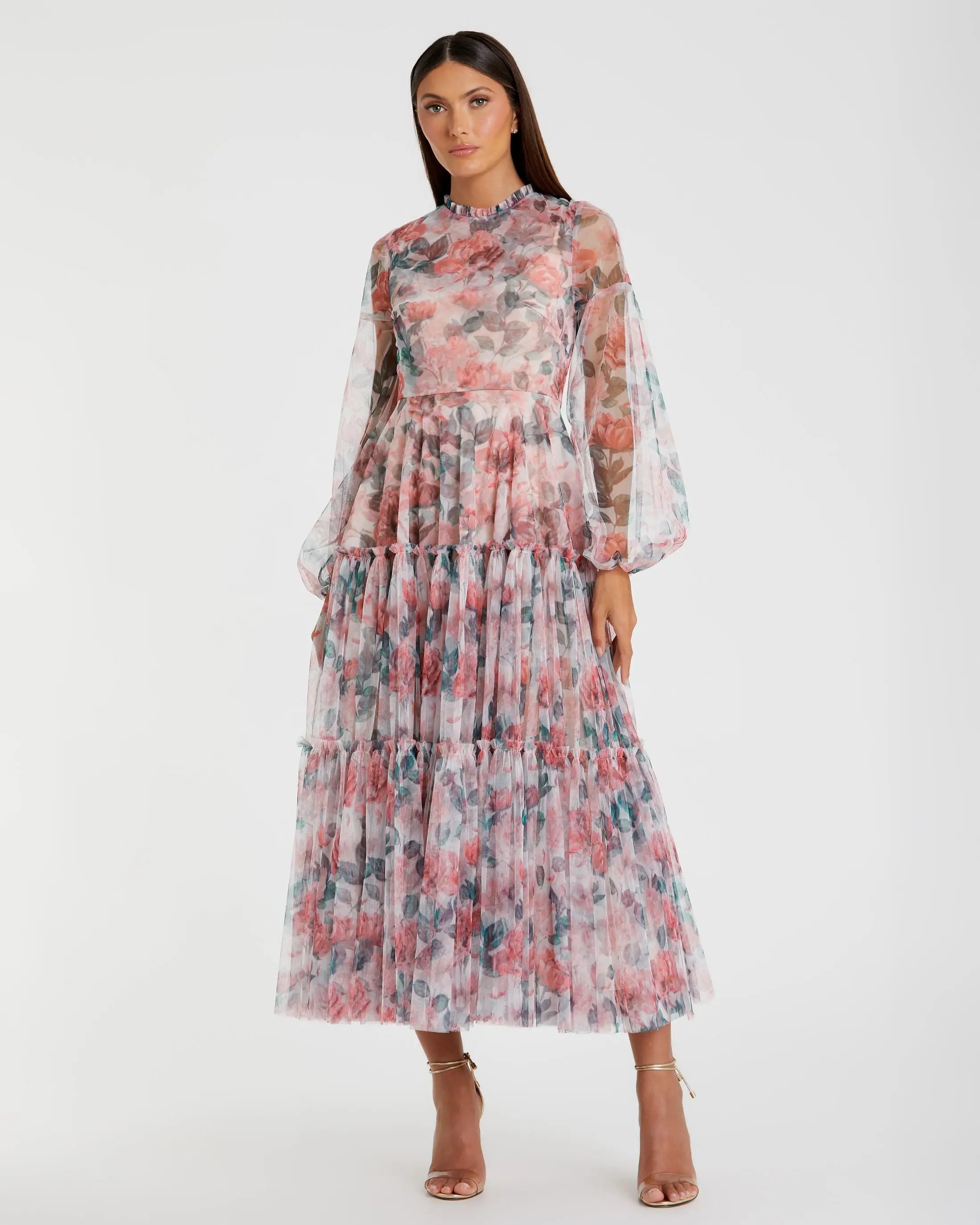 Multicolor Floral High Neck Balloon Sleeve Midi Dress - Mac Duggal