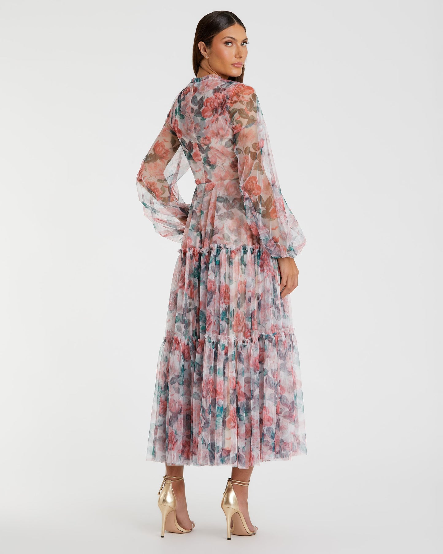 High Neck Long Balloon Sleeve Midi Dress