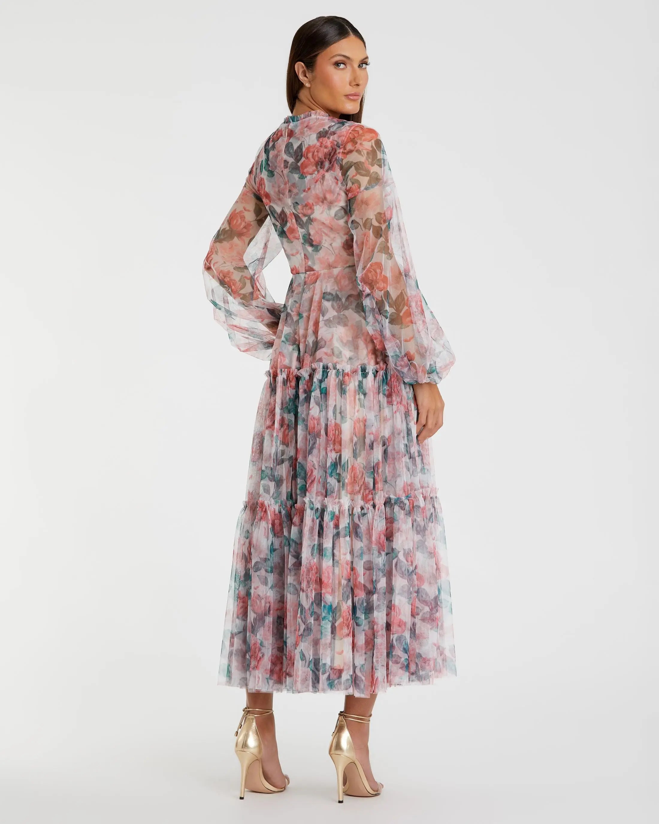 Multicolor Floral High Neck Balloon Sleeve Midi Dress - Mac Duggal