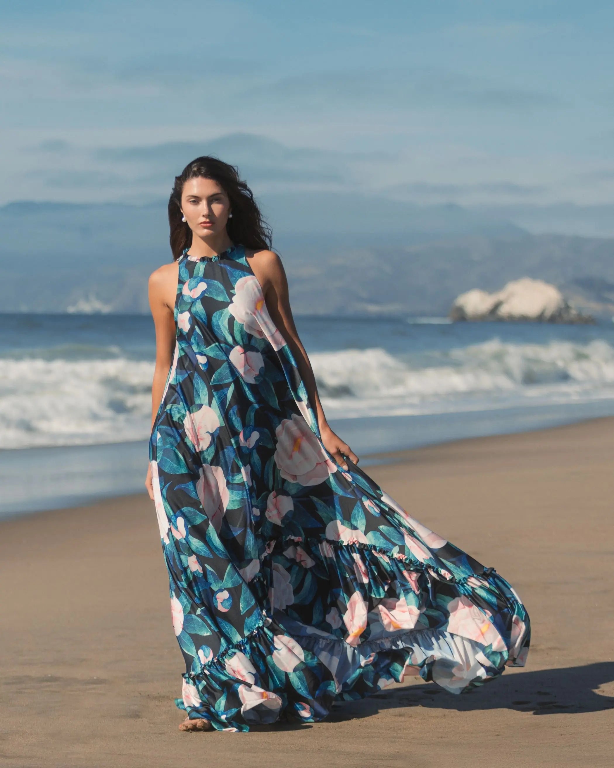 Multicolor High Neck Floral Babydoll Long Dress - Mac Duggal