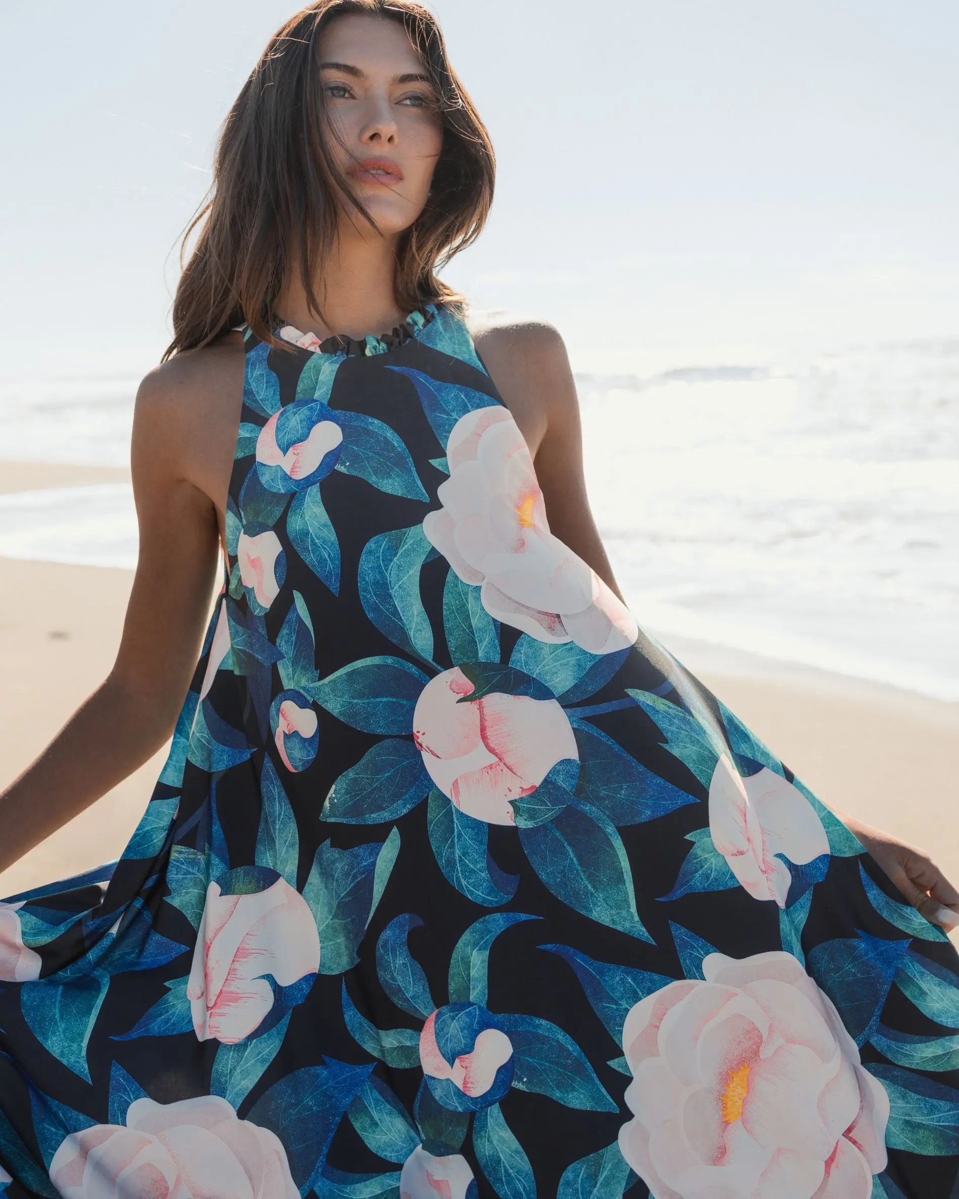 Multicolor High Neck Floral Babydoll Long Dress - Mac Duggal Multicolor High Neck Floral Babydoll Long Dress - Mac Duggal
