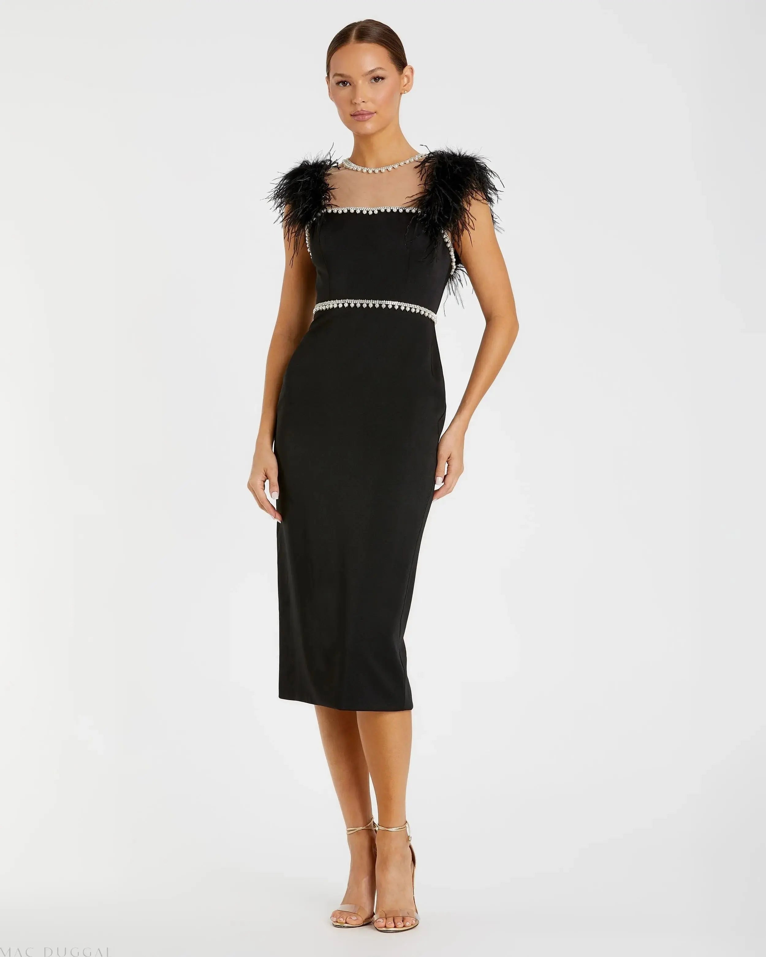 Black Feather Cap Sleeve Pearl Embellished Tea-length Fit Dress - Mac Duggal