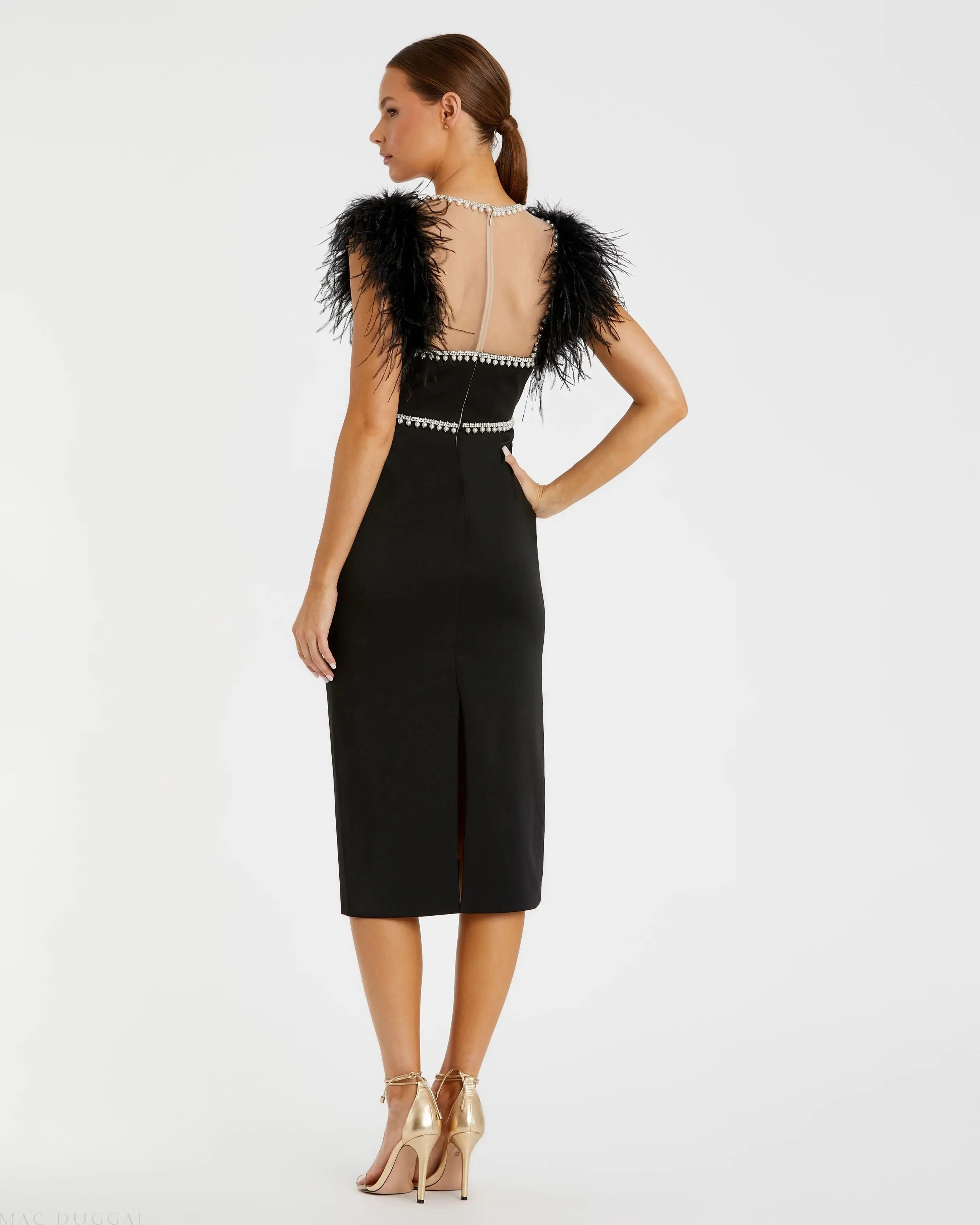 Black Feather Cap Sleeve Pearl Embellished Tea-length Fit Dress - Mac Duggal