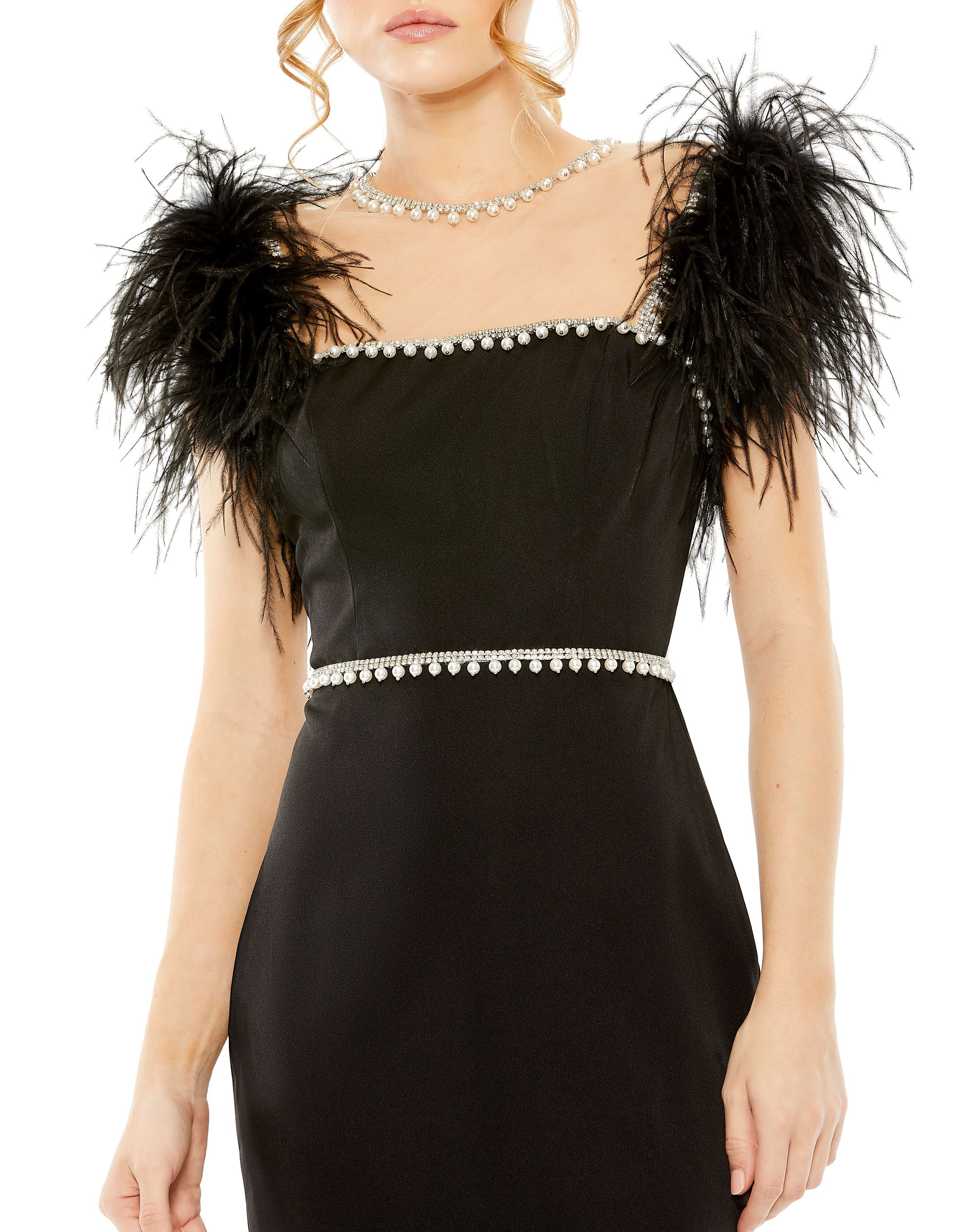 Feather Cap Sleeve Pearl Embellished T-Length Fit Dress