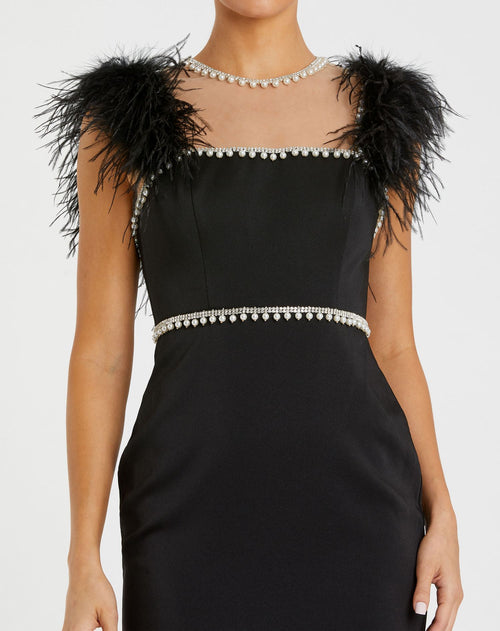 Black Feather Cap Sleeve Pearl Embellished Tea-length Fit Dress