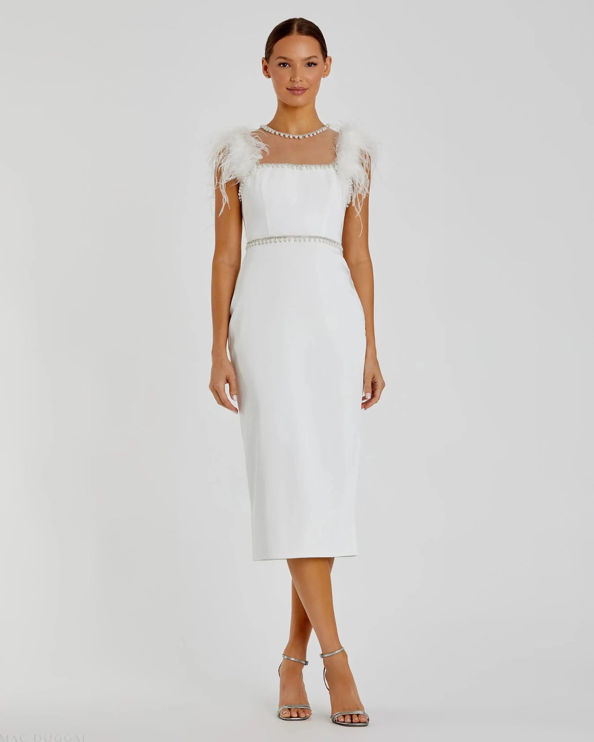Mac Duggal - White Feather Cap Sleeve Pearl Embellished Tea-length Dress - US 14 Mac Duggal - White Feather Cap Sleeve Pearl Embellished Tea-length Dress - US 14