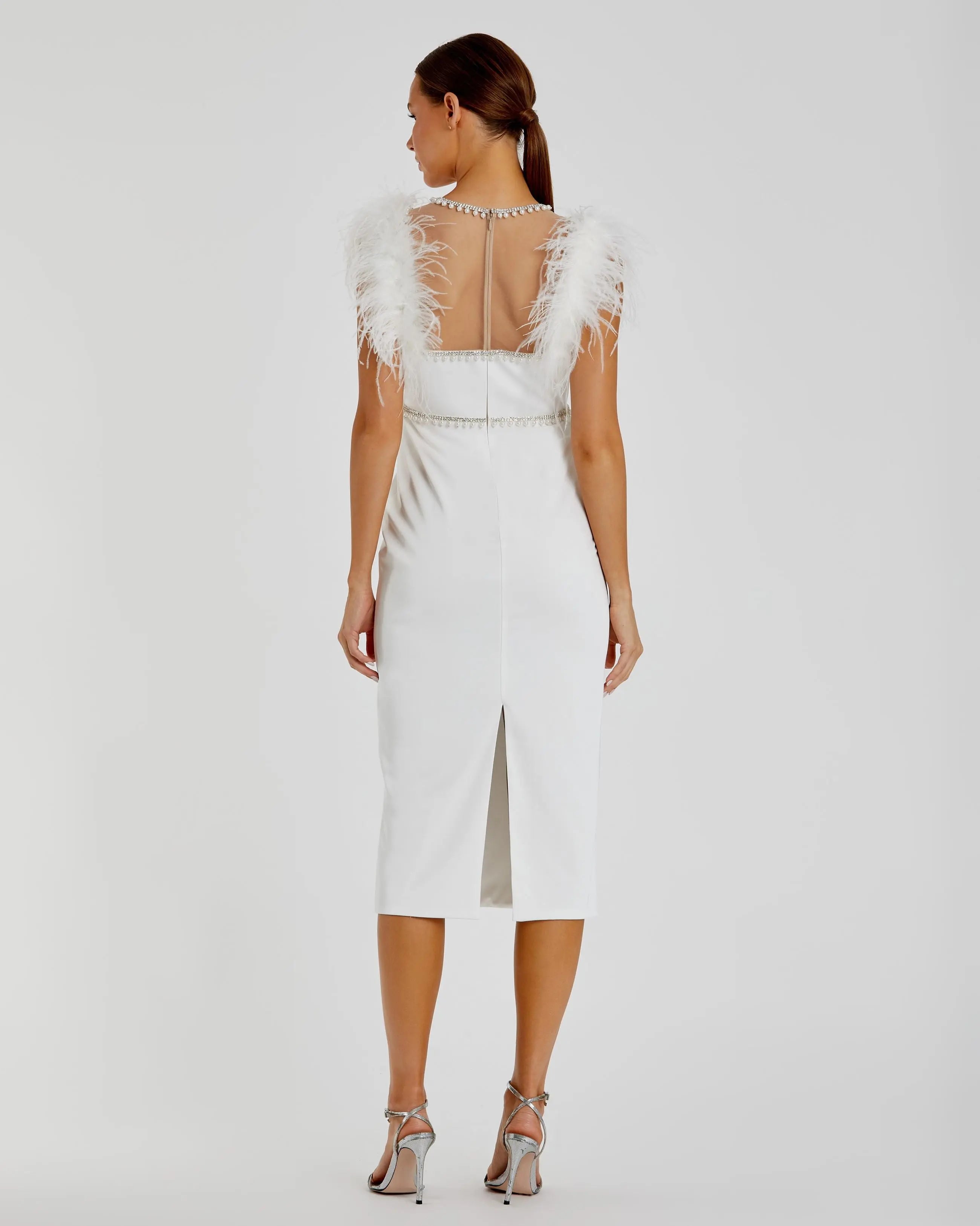 White Feather Cap Sleeve Pearl Embellished Tea-length Fit Dress - Mac Duggal