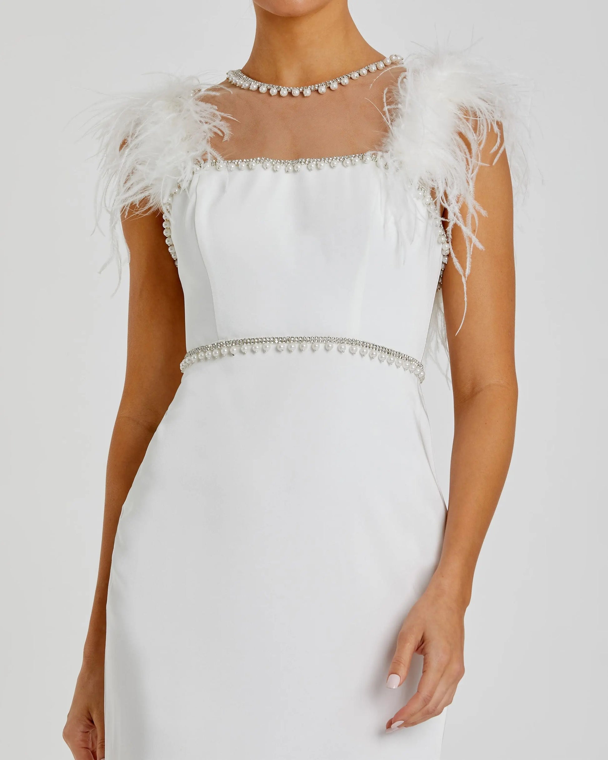 Mac Duggal - White Feather Cap Sleeve Pearl Embellished Tea-length Dress - US 2 Mac Duggal - White Feather Cap Sleeve Pearl Embellished Tea-length Dress - US 2