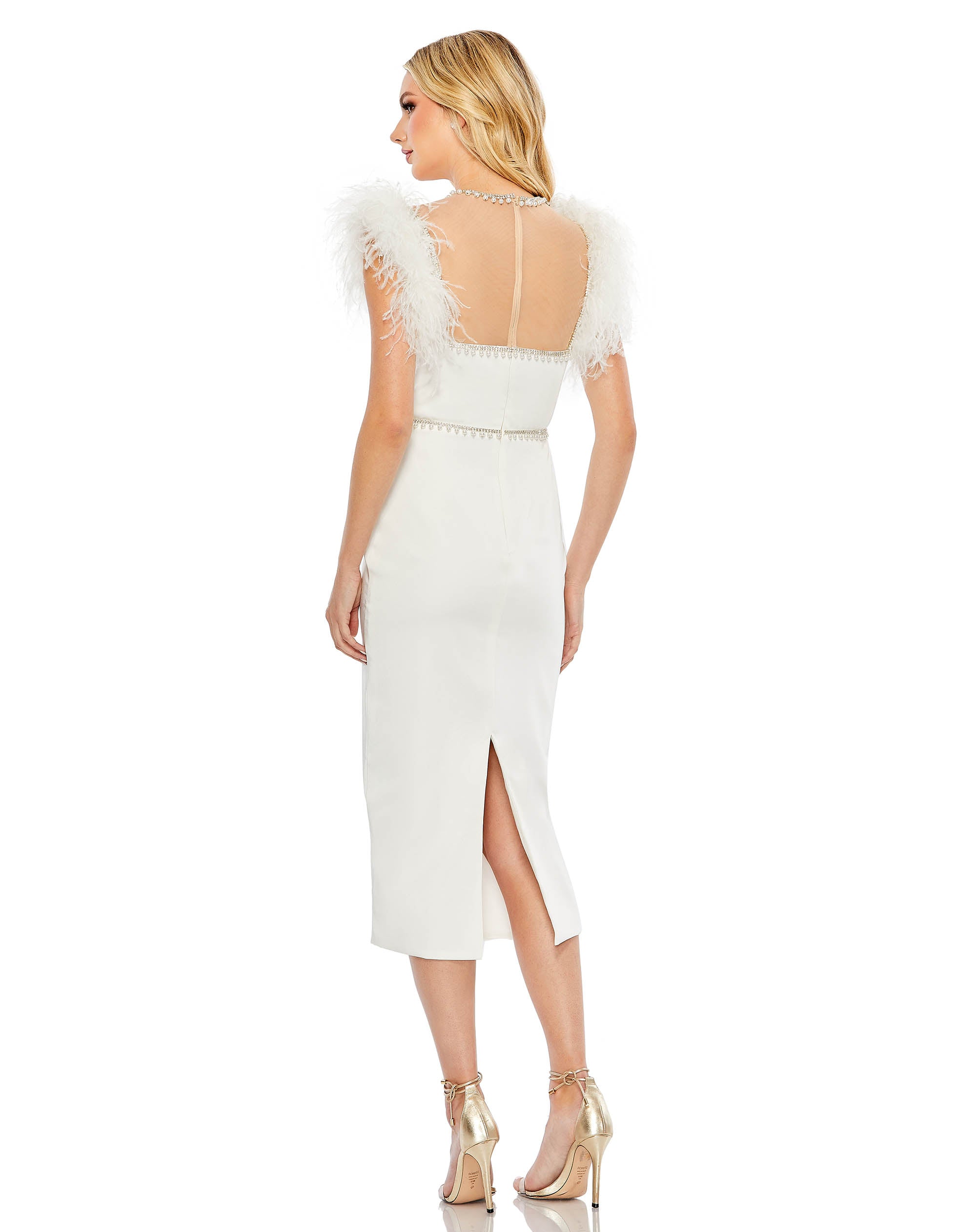 Feather Cap Sleeve Pearl Embellished T-Length Fit Dress