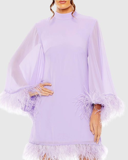 High Neck Cape Sleeve Mini Dress with Feather Trim