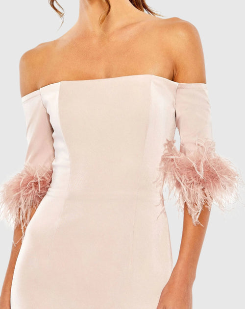 Feather Trim Off The Shoulder Column Gown