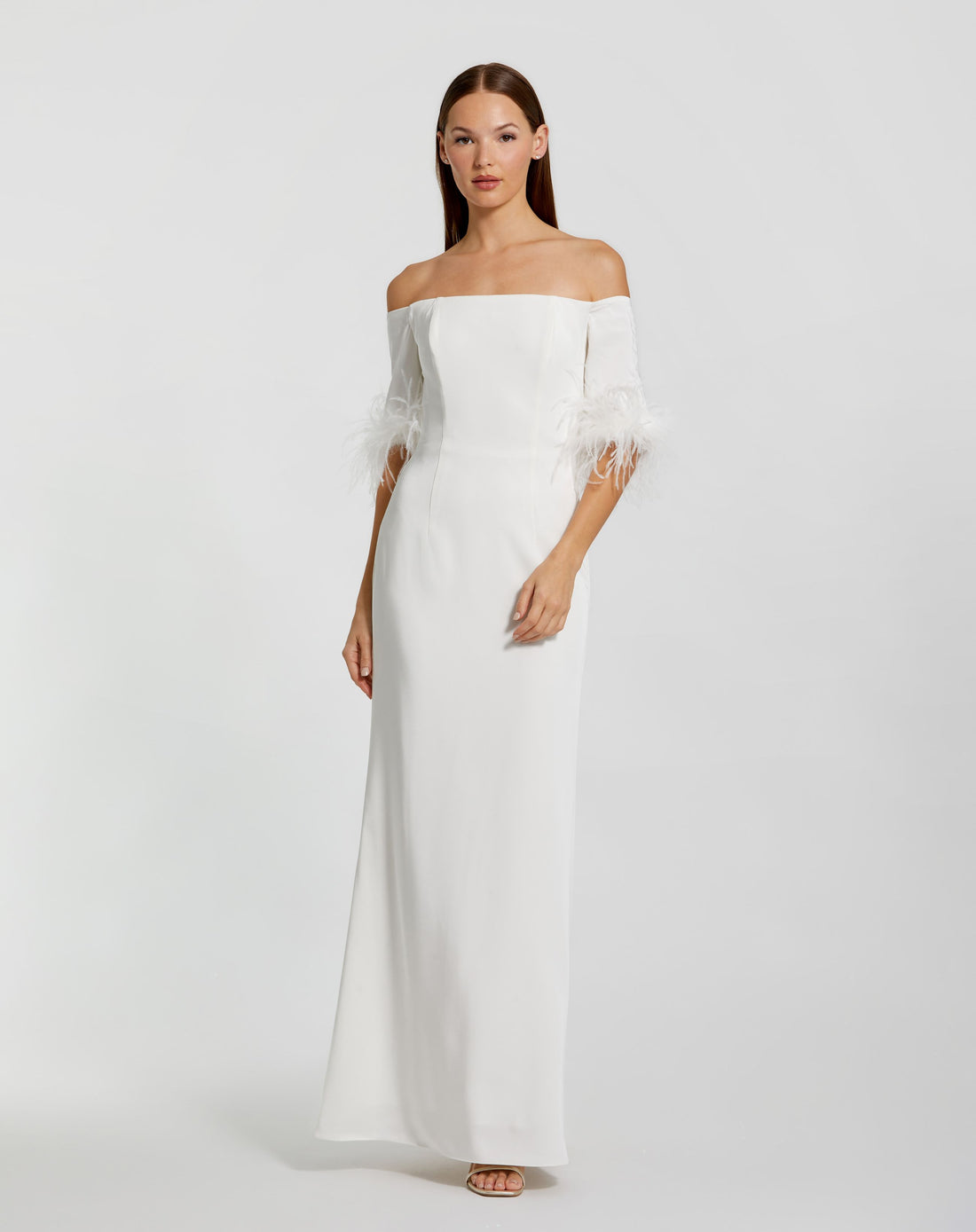 Feather Trim Off The Shoulder Column Gown