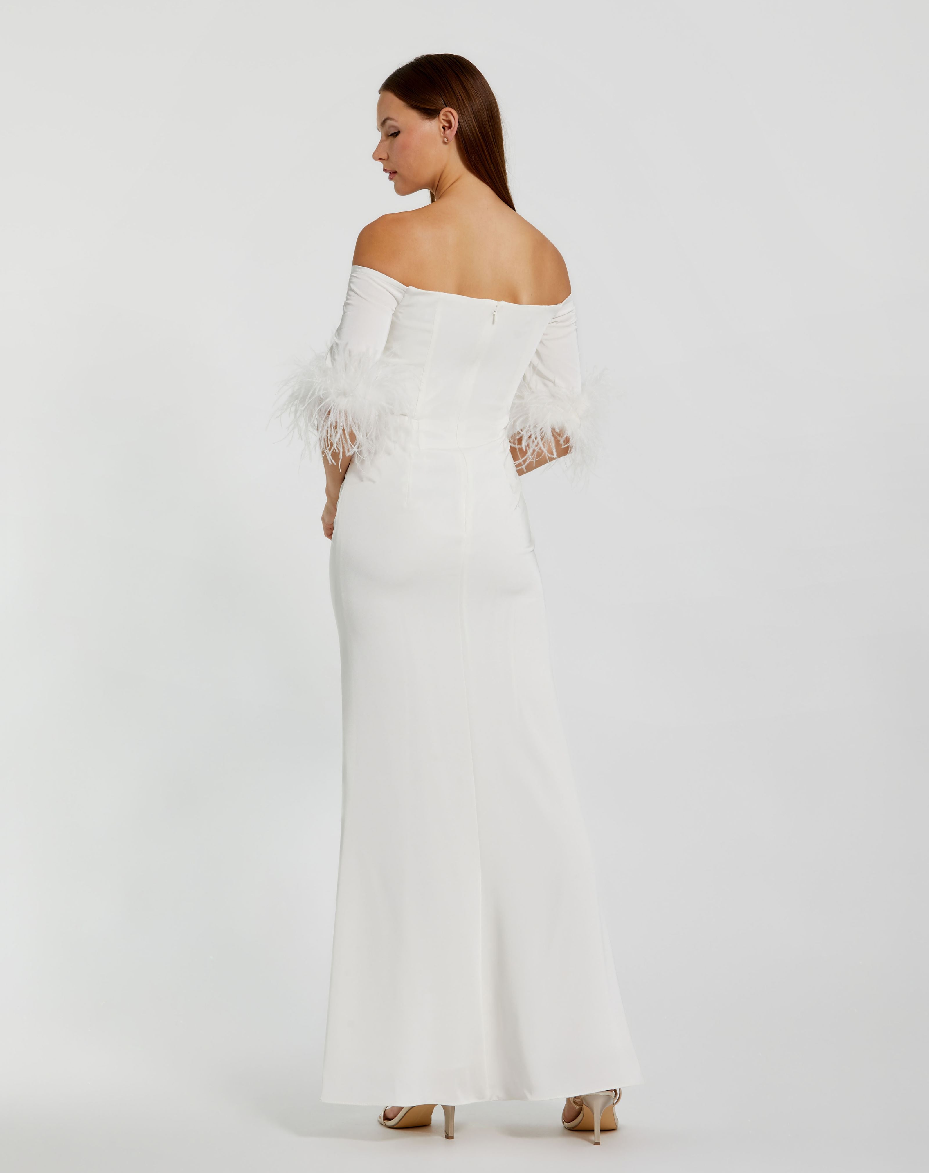 Feather Trim Off The Shoulder Column Gown - FINAL SALE