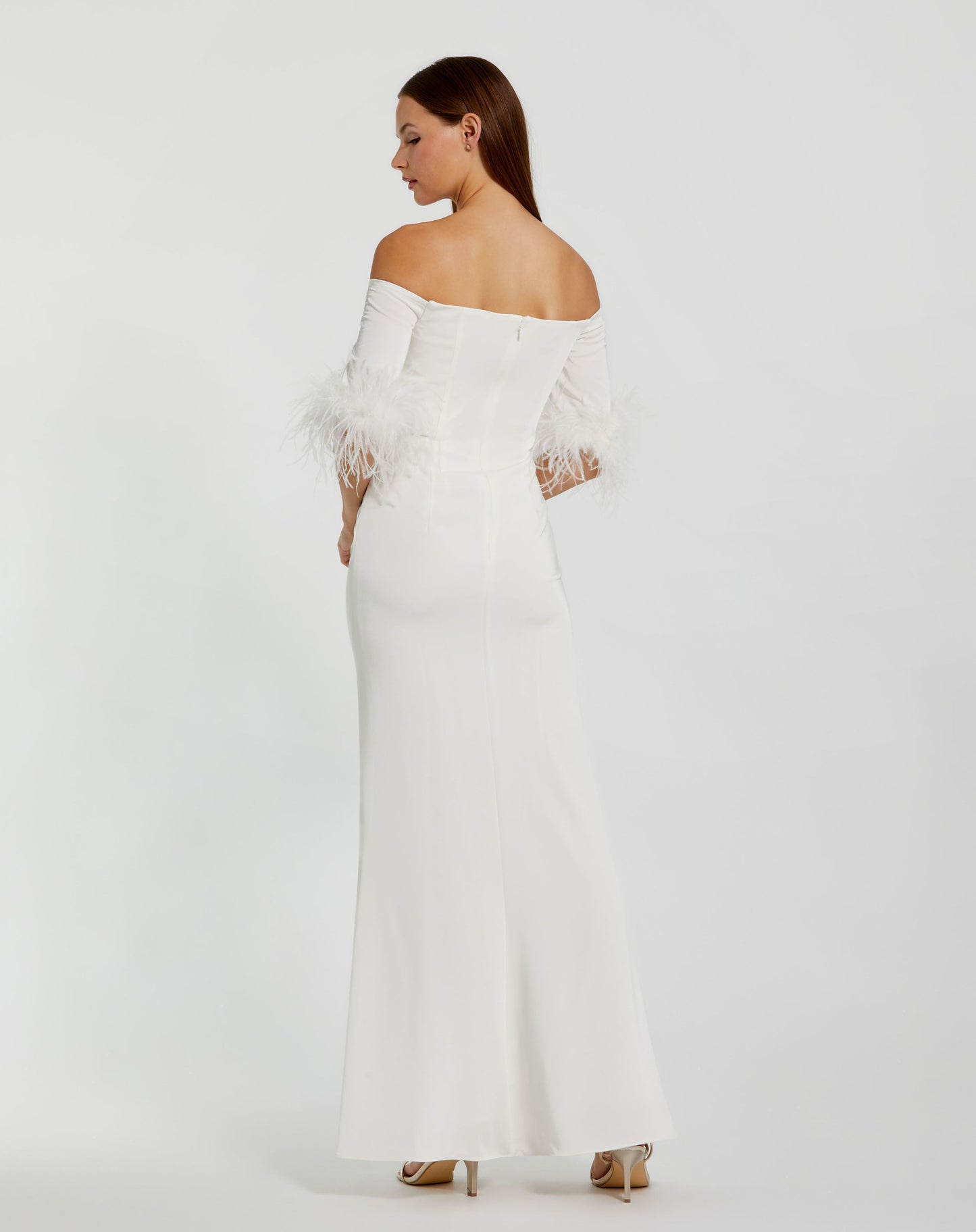 Feather Trim Off The Shoulder Column Gown- FINAL SALE