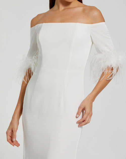 Feather Trim Off The Shoulder Column Gown - FINAL SALE