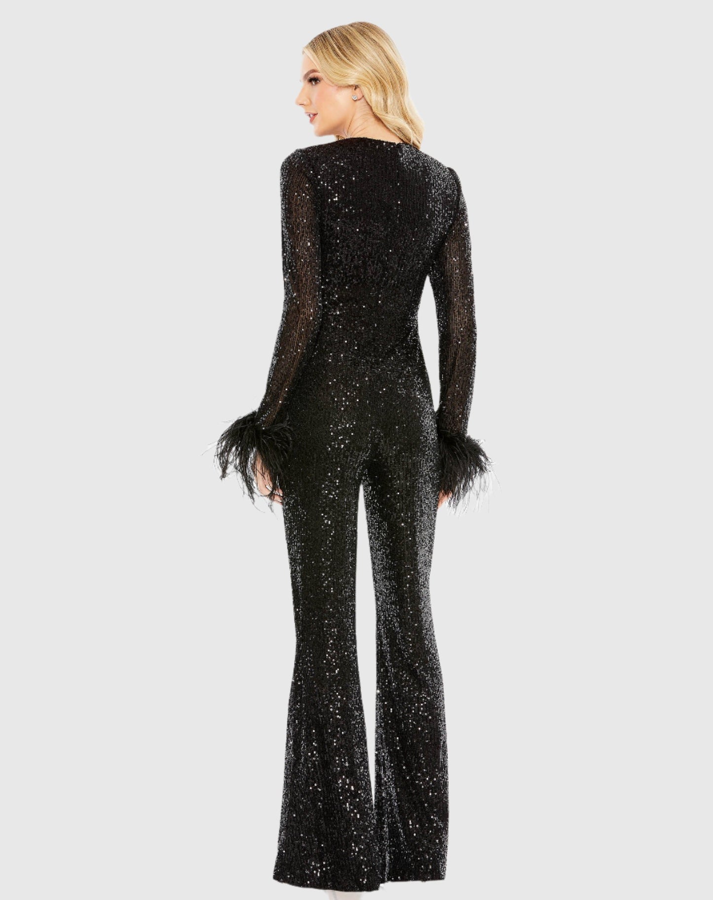 Feather Cuff Sequined V Neck Jumpsuit