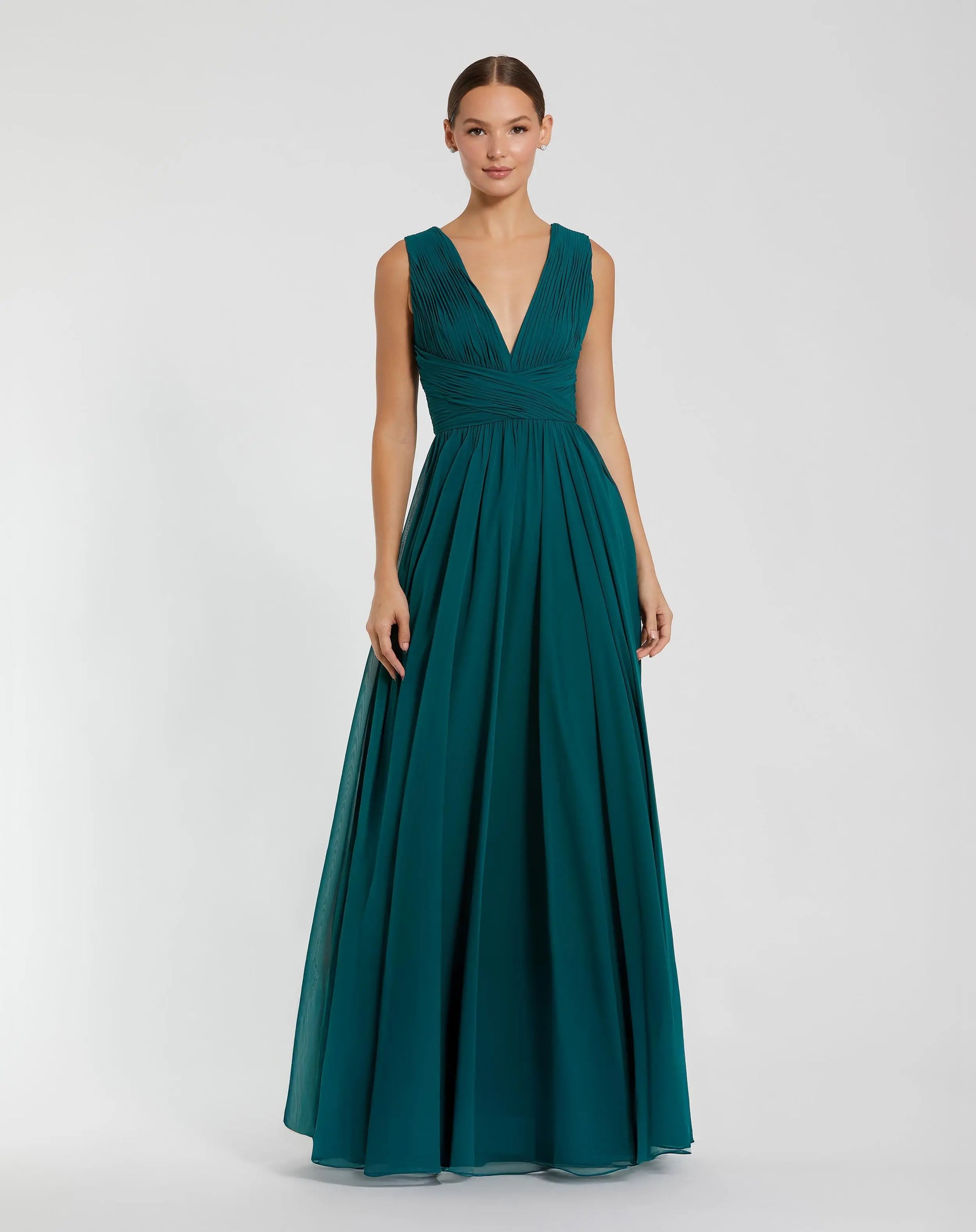 Teal Sleeveless Pleated V Neck Chiffon Gown - Ieena for Mac Duggal