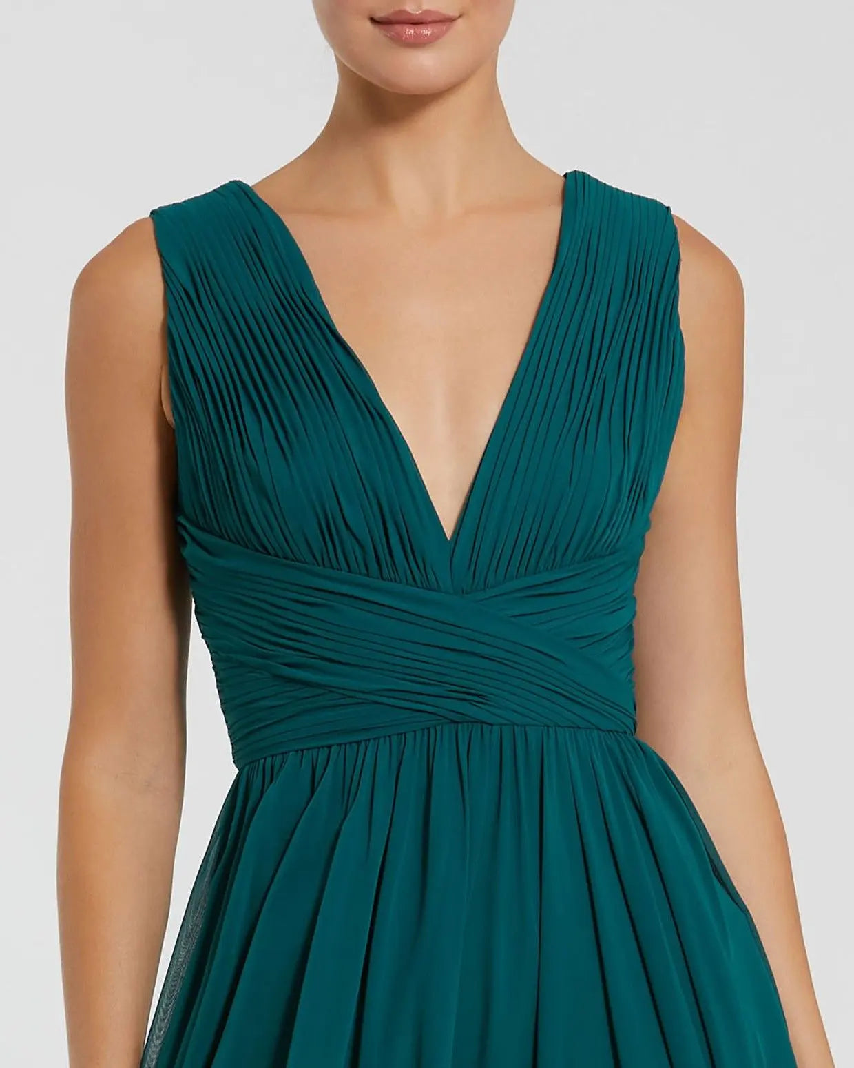 Teal Sleeveless Ruched V Neck Chiffon Gown | Mac Duggal Teal Sleeveless Ruched V Neck Chiffon Gown | Mac Duggal