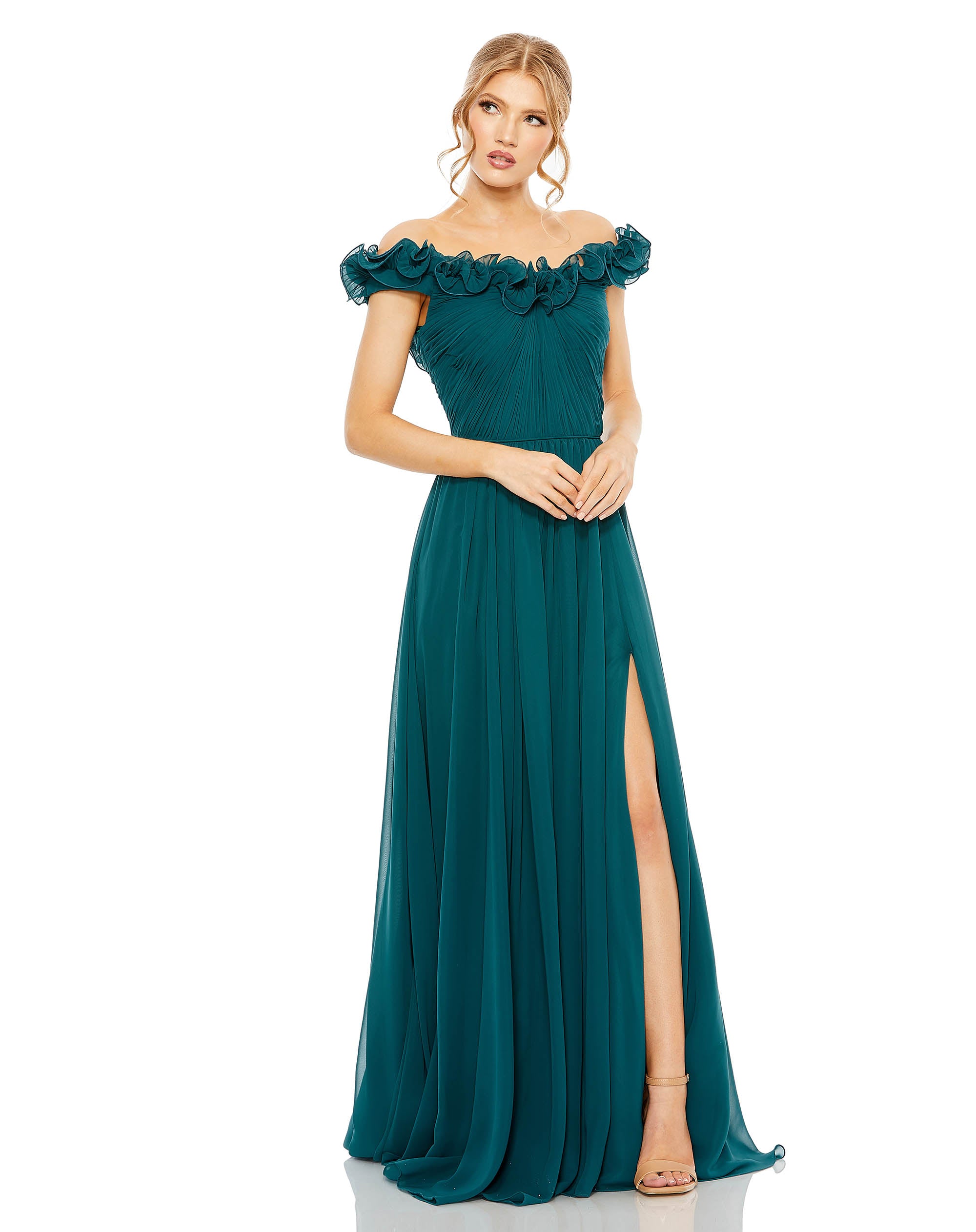 Ruched Off The Shoulder A Line Gown – Mac Duggal