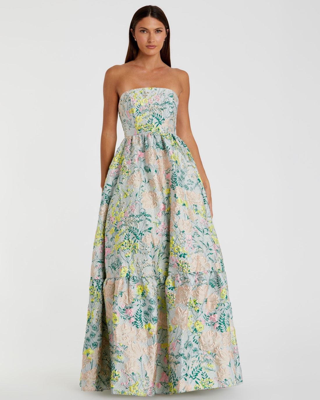 Floral Brocade Strapless A Line Gown