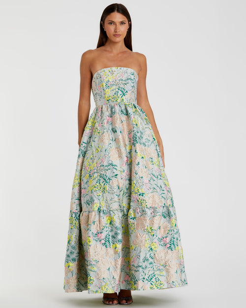 Floral Brocade Strapless A Line Gown