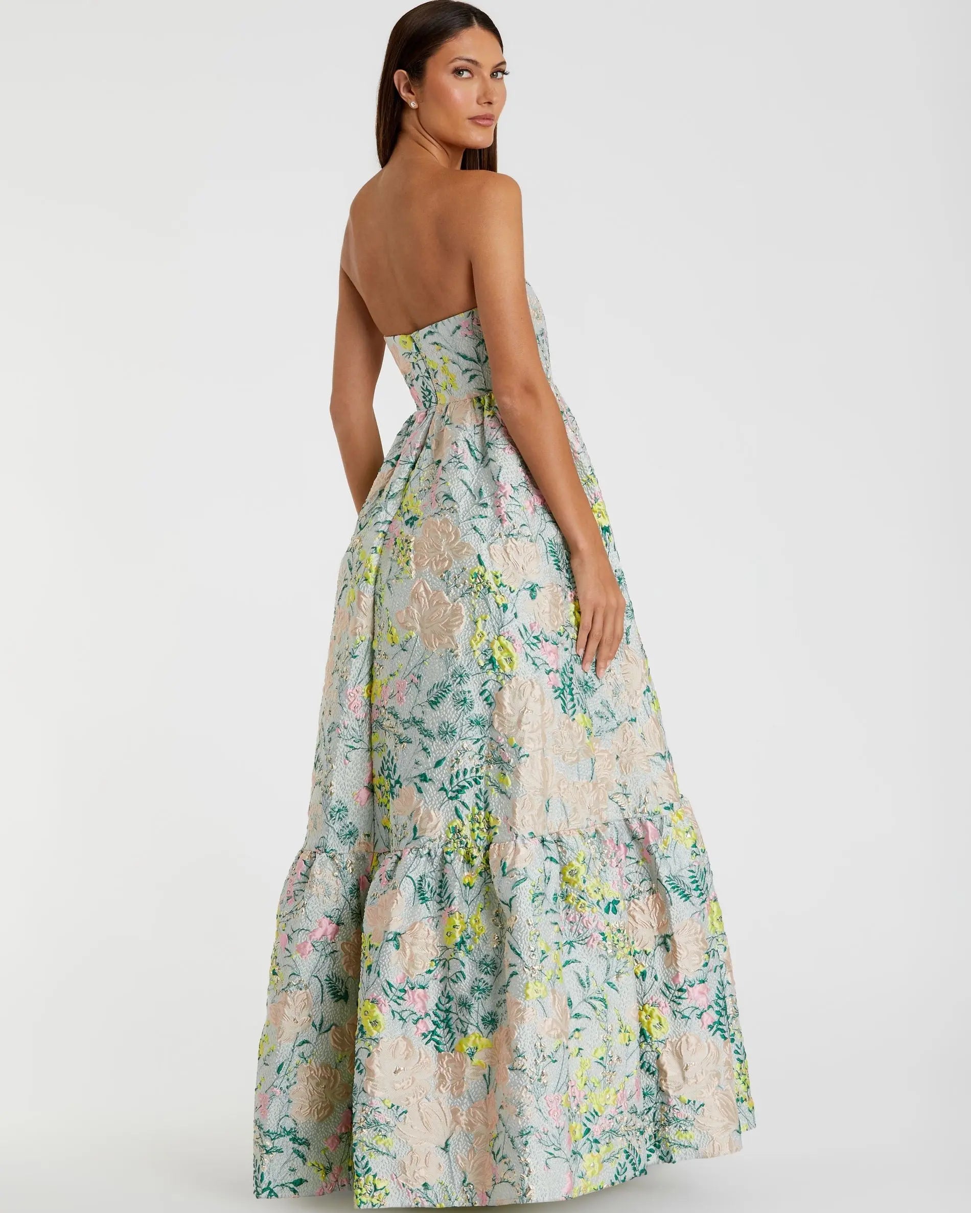 Multicolor Strapless Floral Brocade A-Line Gown - Mac Duggal