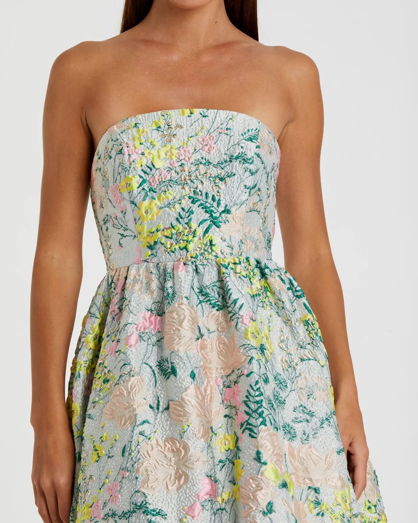 Mac Duggal - Multicolor Strapless Floral Brocade A-Line Gown - Pastel Multi / US 6 Mac Duggal - Multicolor Strapless Floral Brocade A-Line Gown - Pastel Multi / US 6