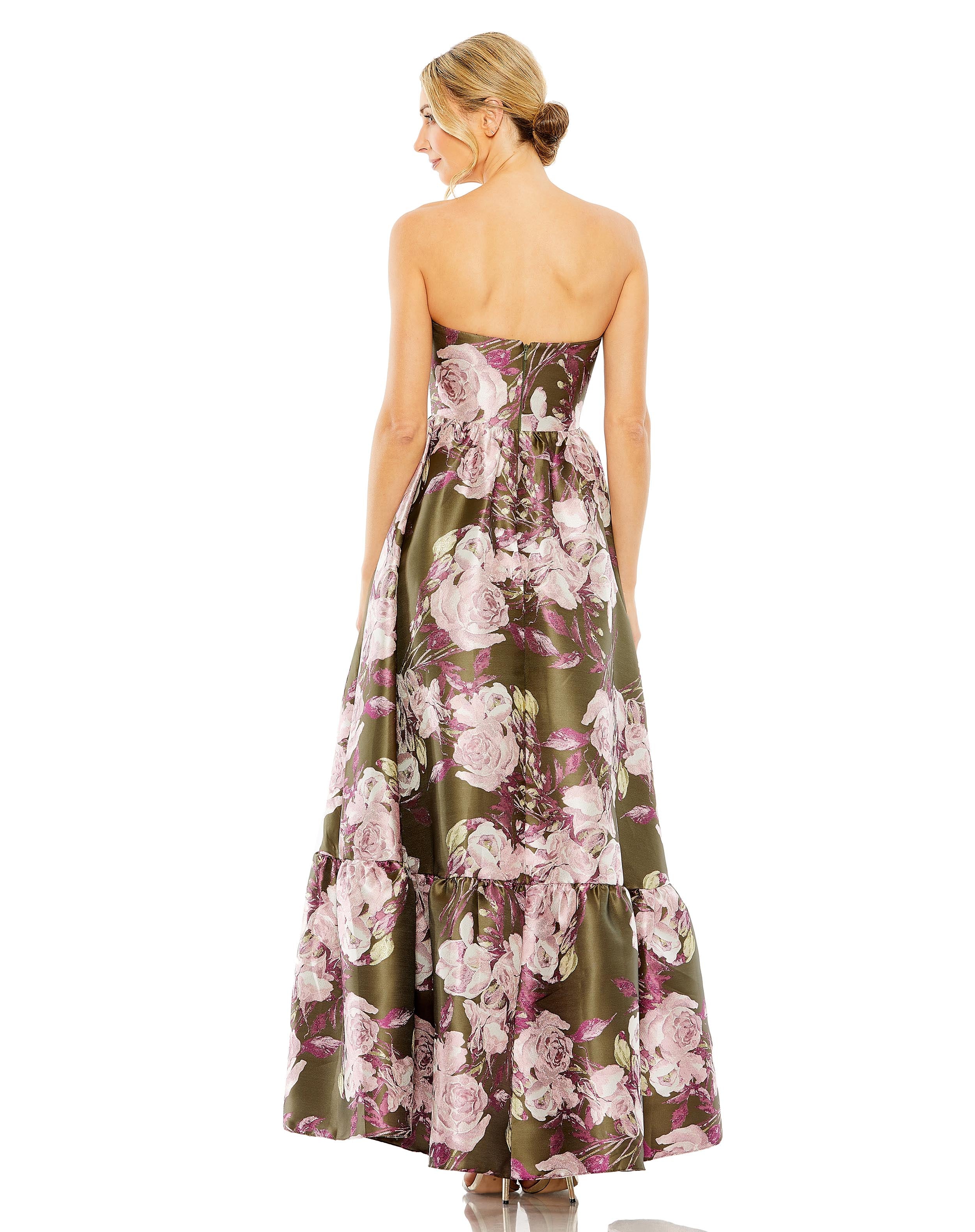 Strapless Bottom Ruffle Floral Gown