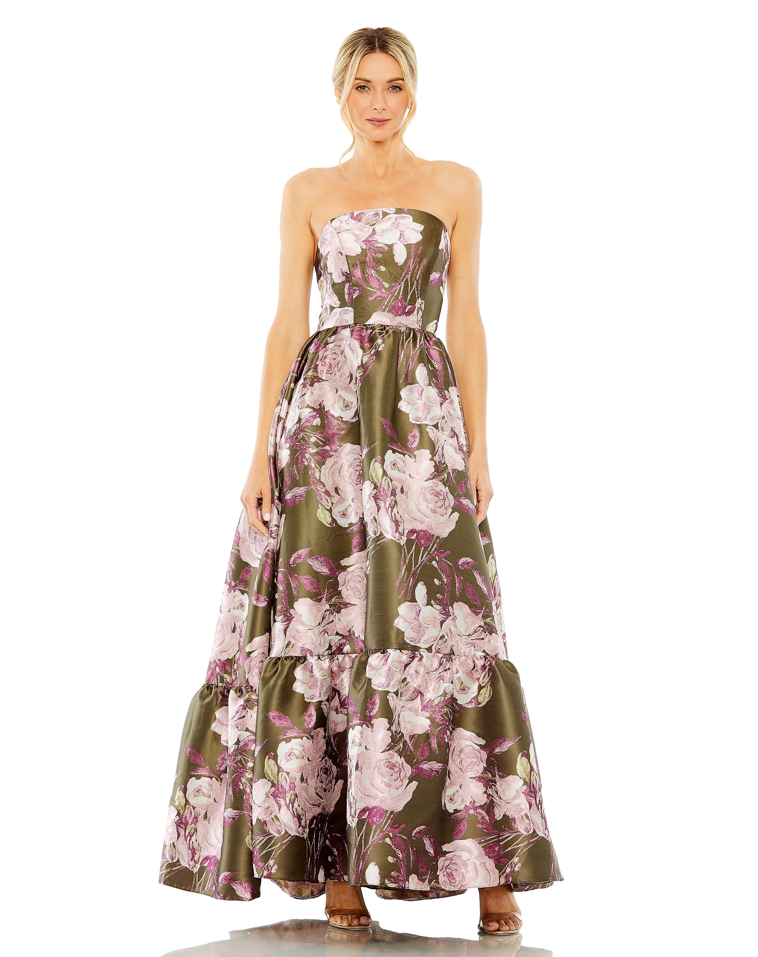 Strapless Bottom Ruffle Floral Gown