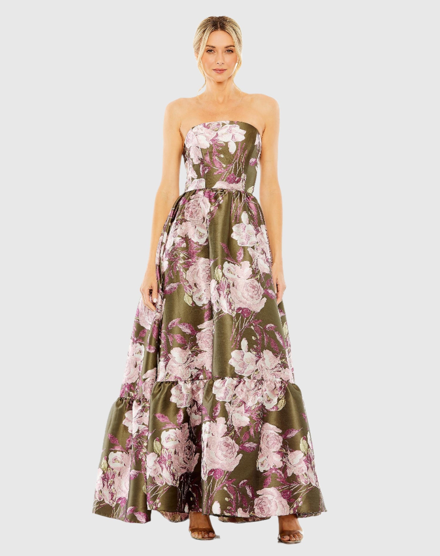 Strapless Bottom Ruffle Floral Gown