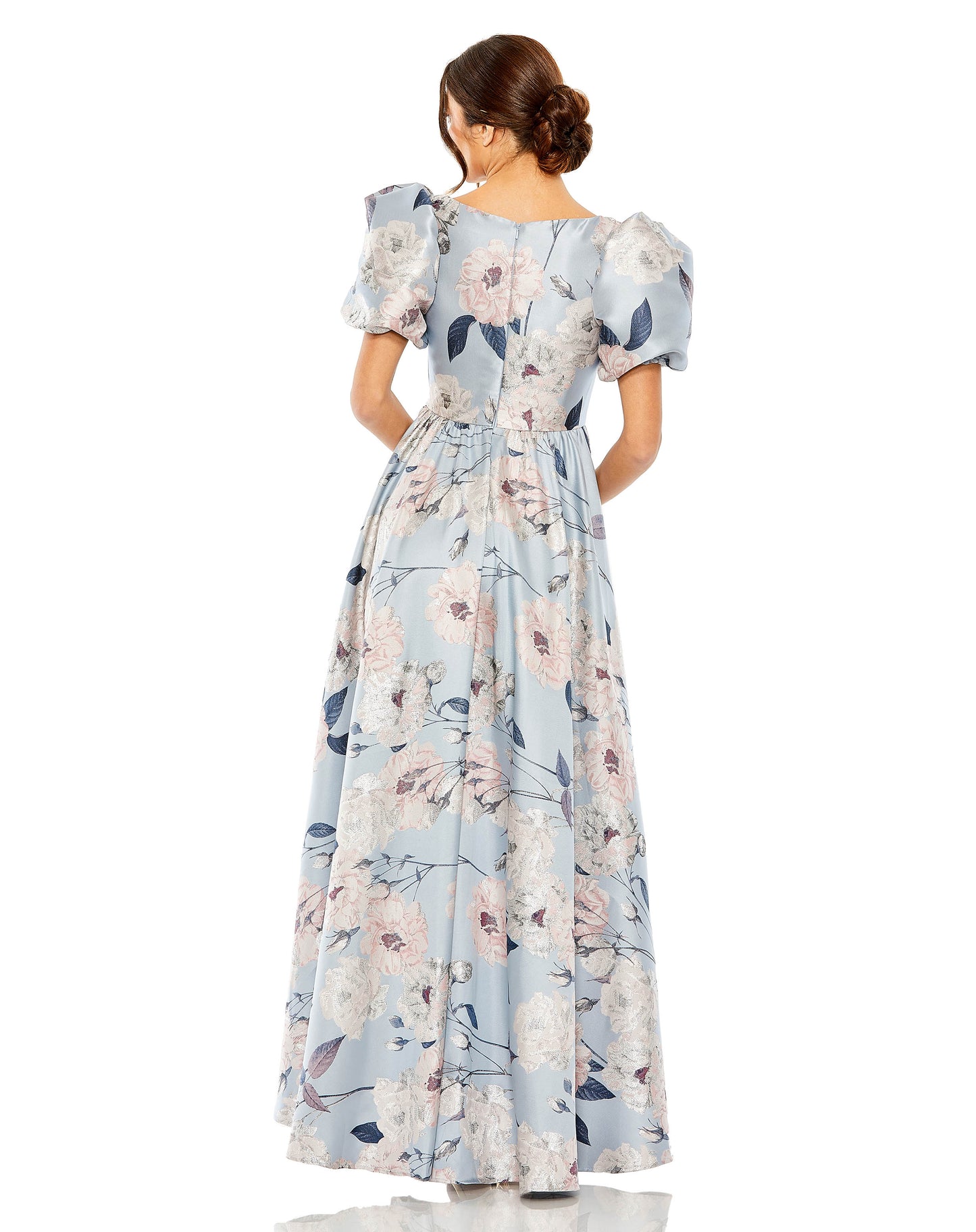 Robe florale haute et basse en brocart à manches bouffantes | Échantillon | Taille. 2